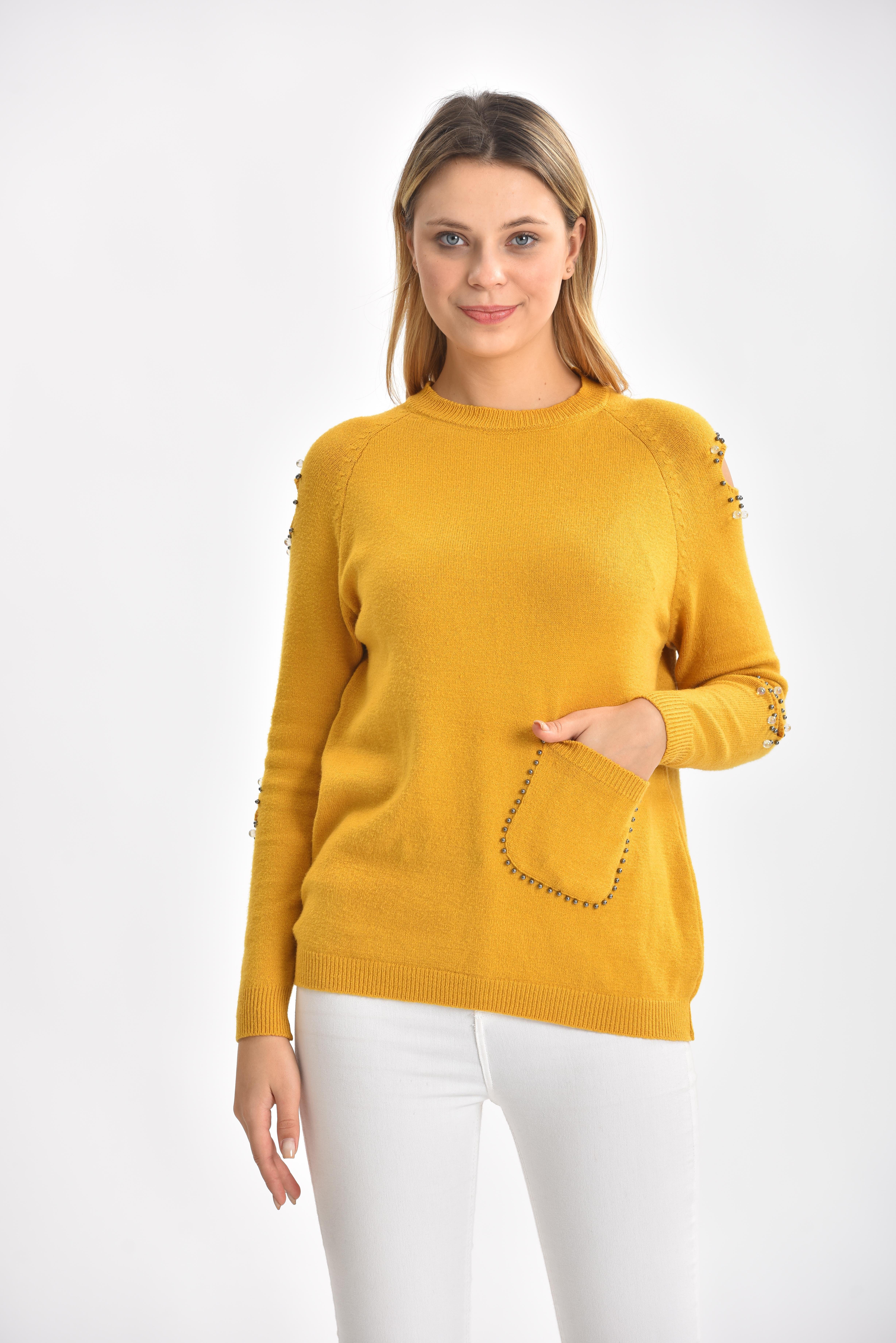 FTZ Women Kadın Kol Detay İnci İşlemeli Kazak  Safran 21-1008