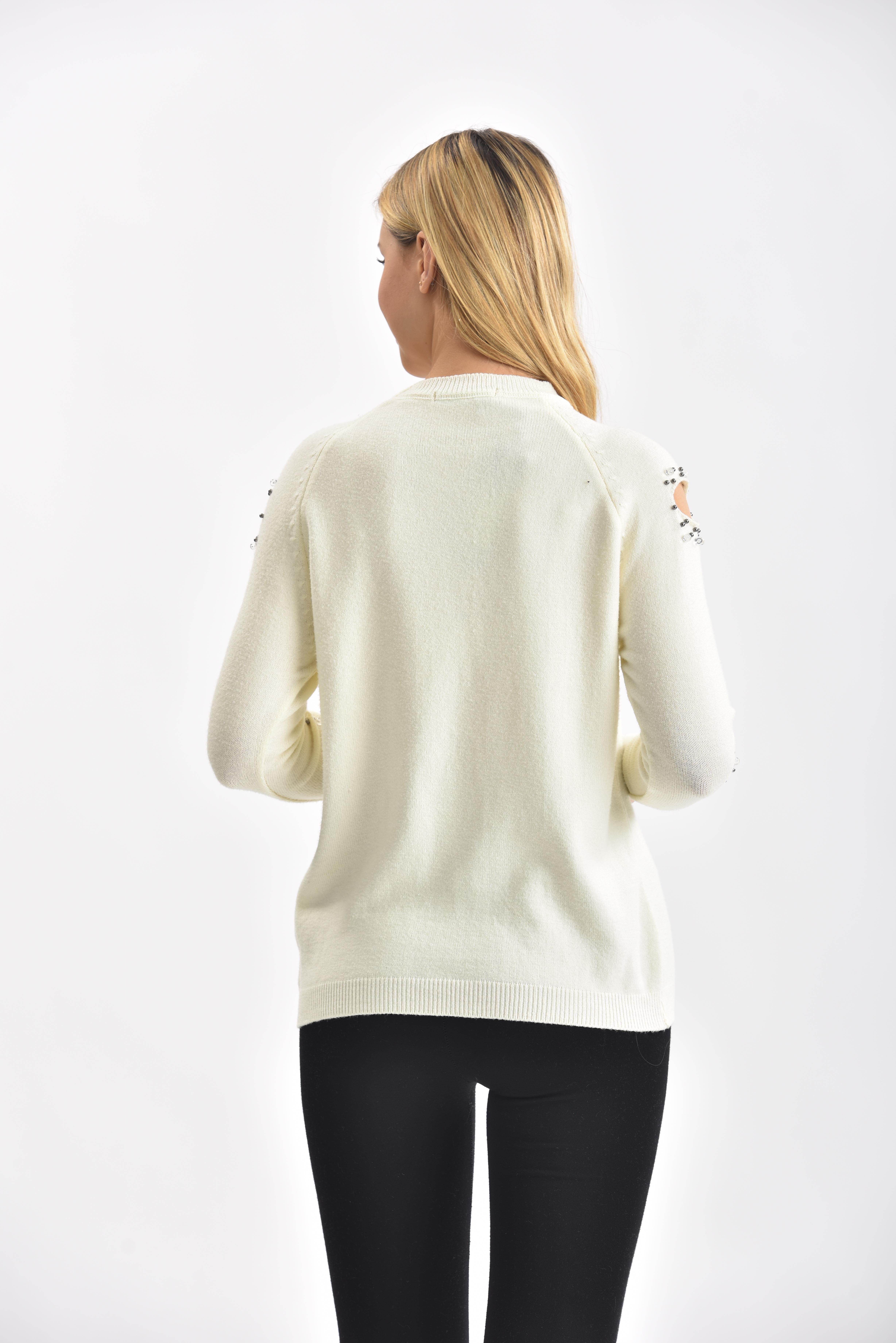 FTZ Women Kadın Kol Detay İnci İşlemeli Kazak  Ekru 21-1008