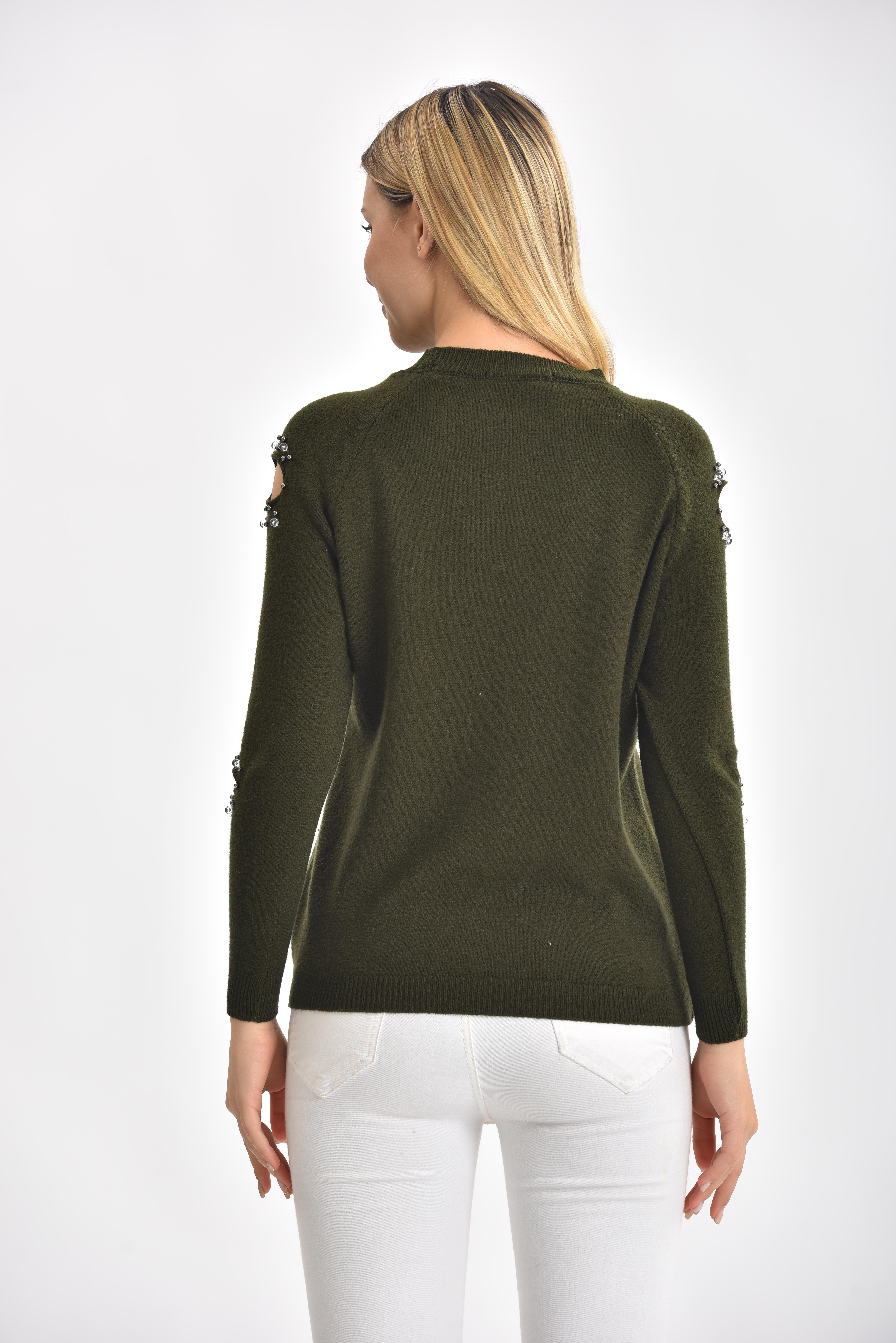 FTZ Women Kadın Kol Detay İnci İşlemeli Kazak  Haki 21-1008