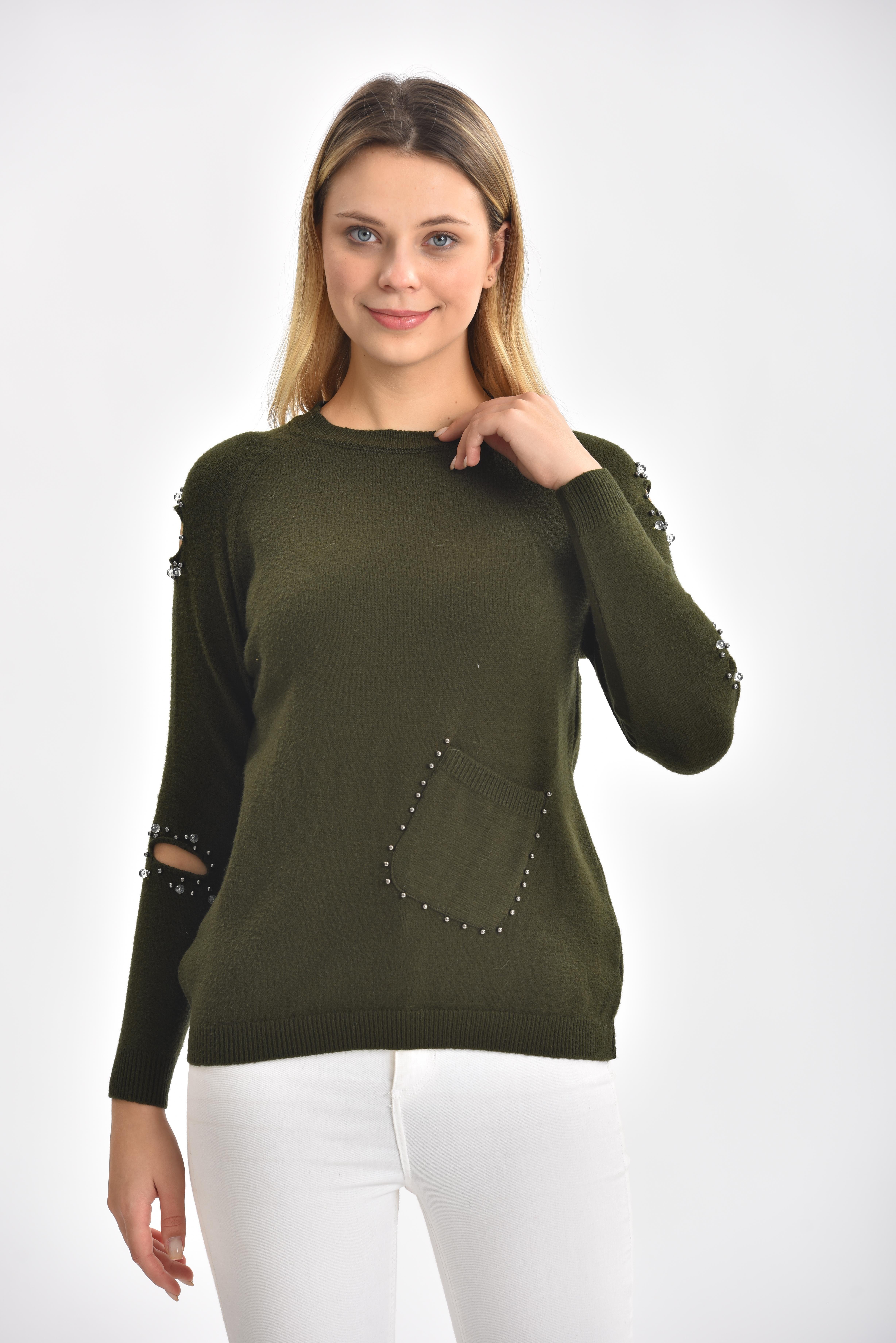 FTZ Women Kadın Kol Detay İnci İşlemeli Kazak  Haki 21-1008