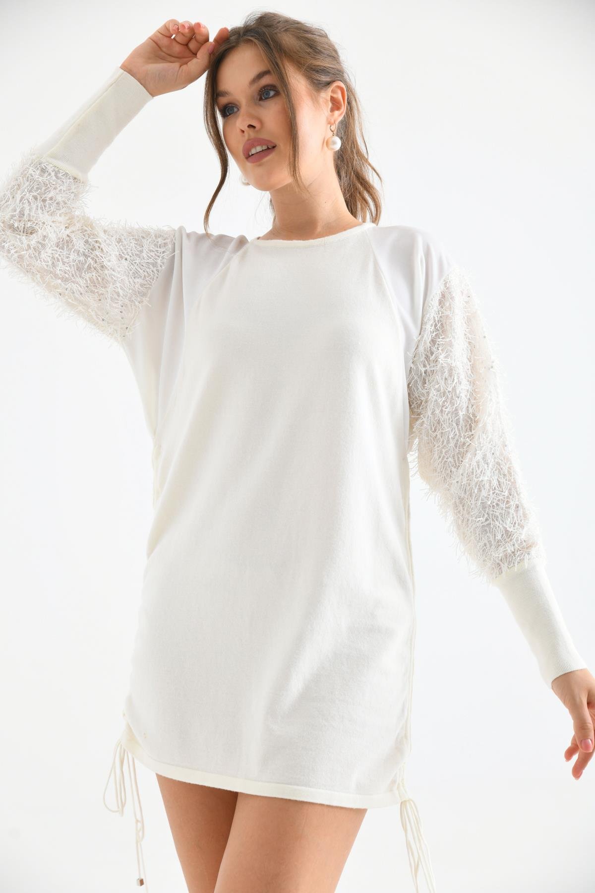 FTZ Women Kadın Kol Püskül Detay Tunik  Ekru 21-1245