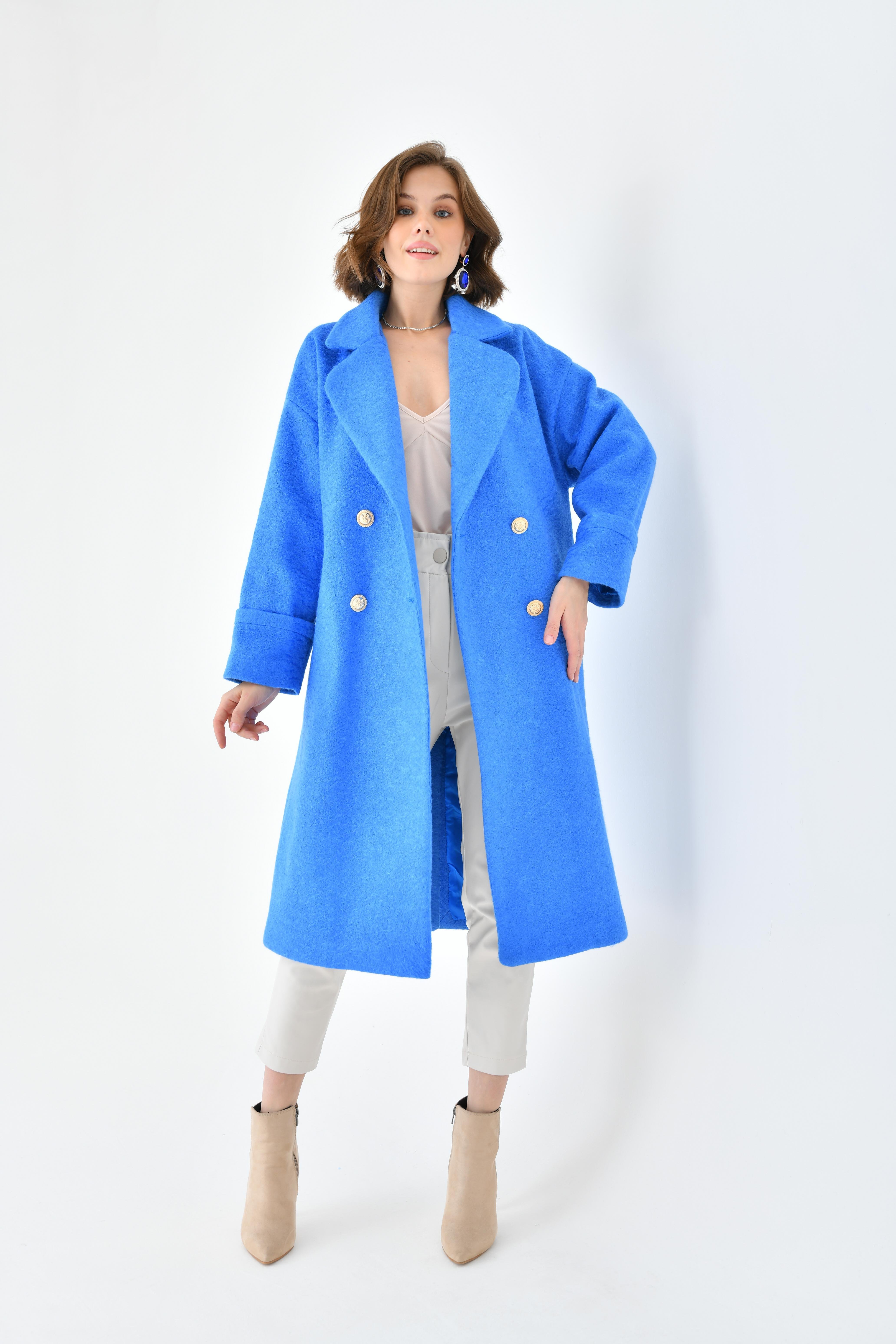 FTZ Women Kadın Kravuze Kaşe Kaban Saks Mavi 30642