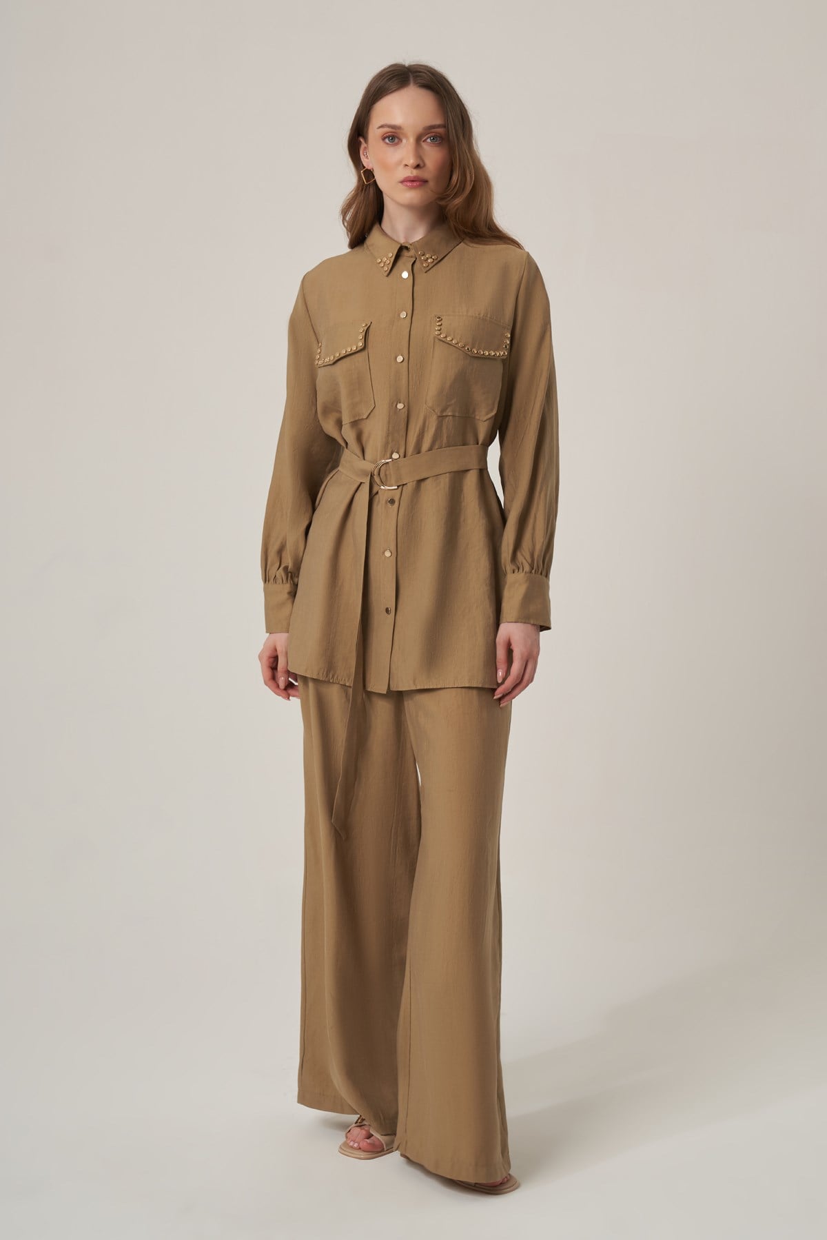 FTZ Women Kadın Krok Taş Detay Takım  Koyu Beige 31416