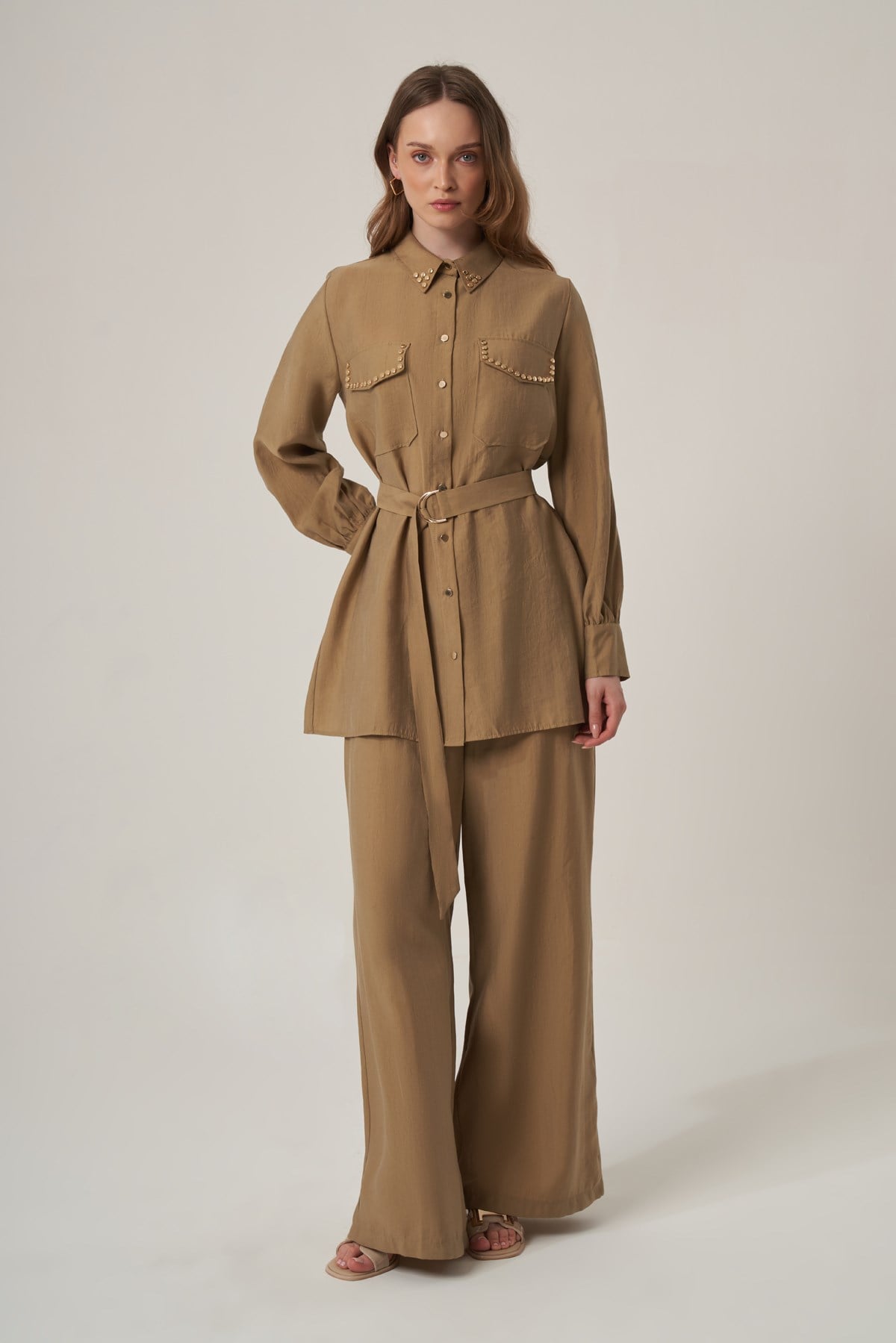 FTZ Women Kadın Krok Taş Detay Takım  Koyu Beige 31416
