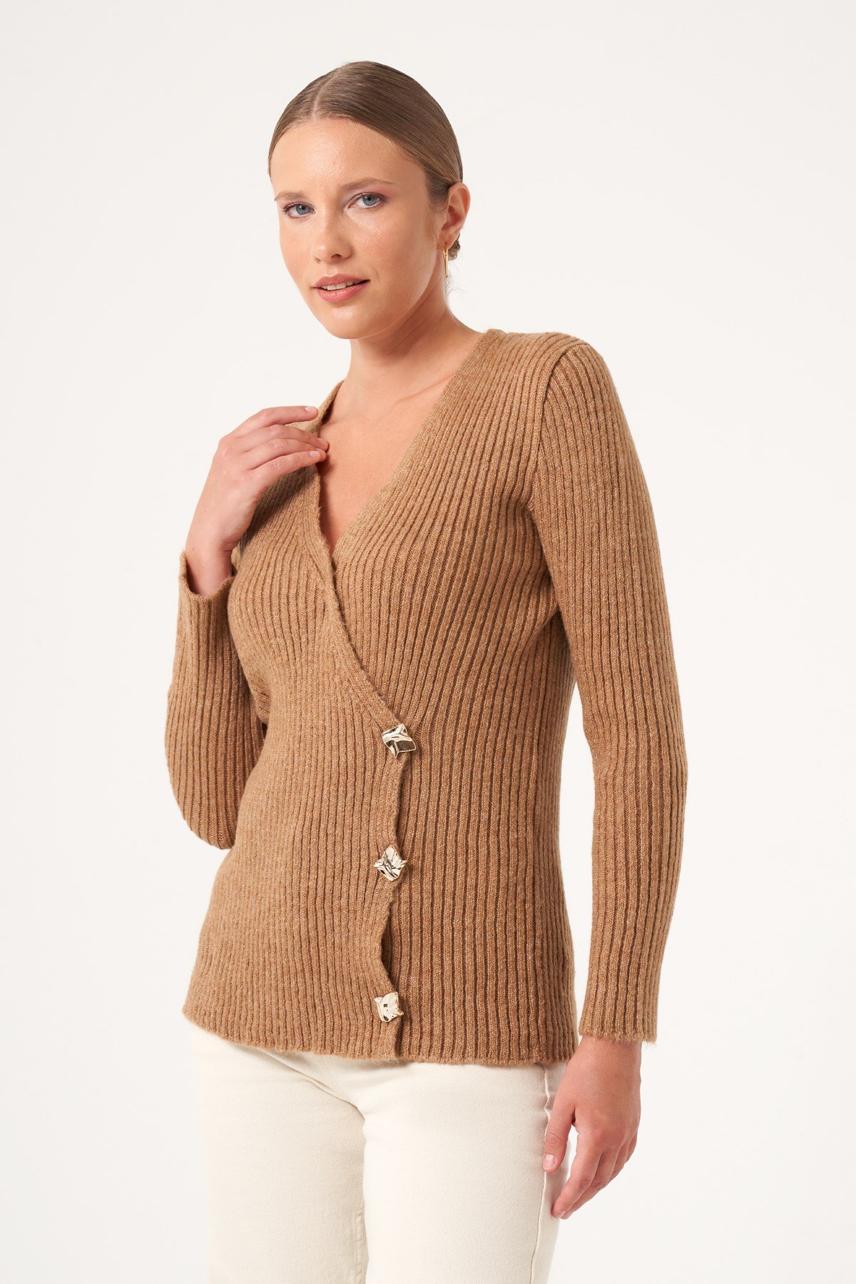 FTZ Women Kadın Kruvaze Şardon Kazak  Camel 25258
