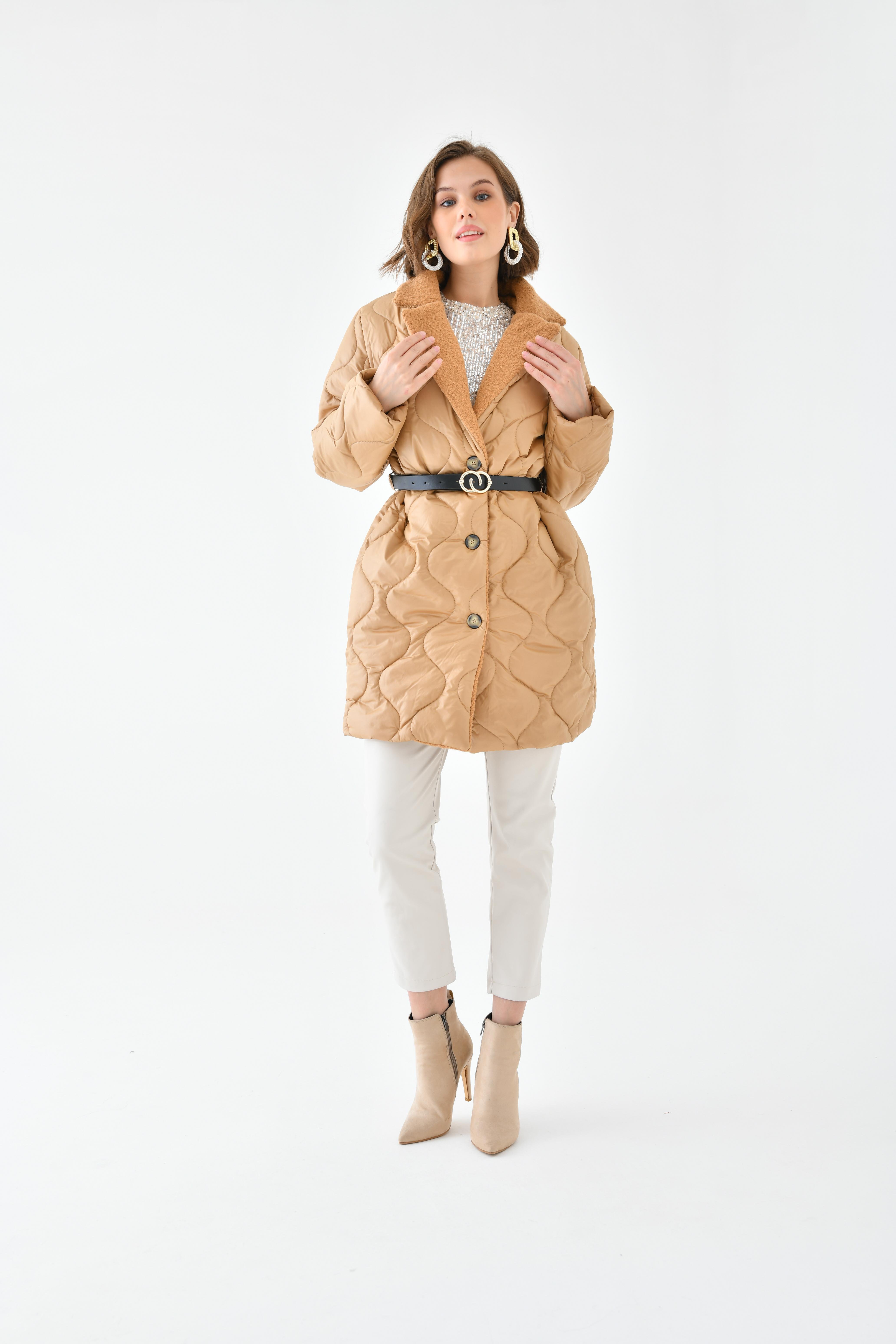 FTZ Women Kadın Kürk Detay Kaban Camel RBN4067