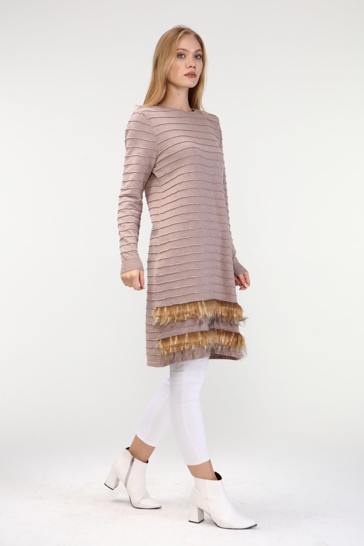 FTZ Women Kadın Kürk Detaylı Tunik  Beige 19-872