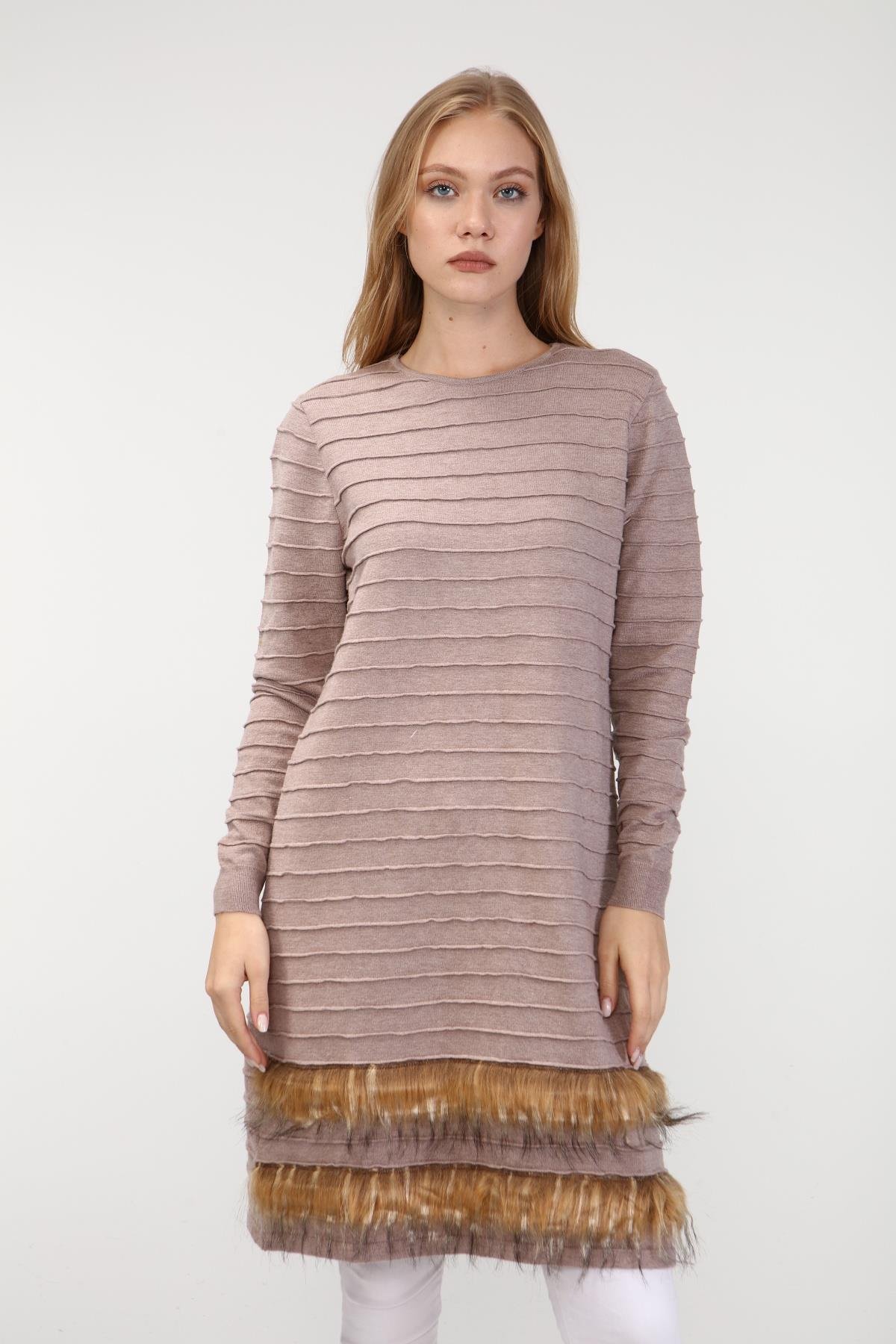 FTZ Women Kadın Kürk Detaylı Tunik  Beige 19-872
