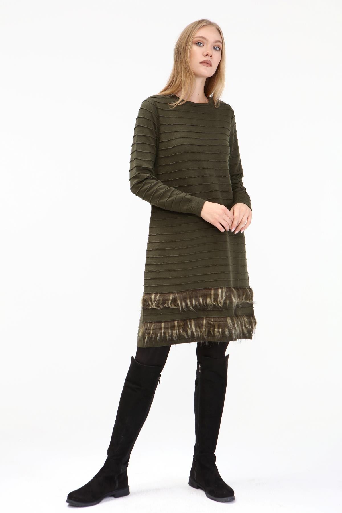 FTZ Women Kadın Kürk Detaylı Tunik  Haki 19-872