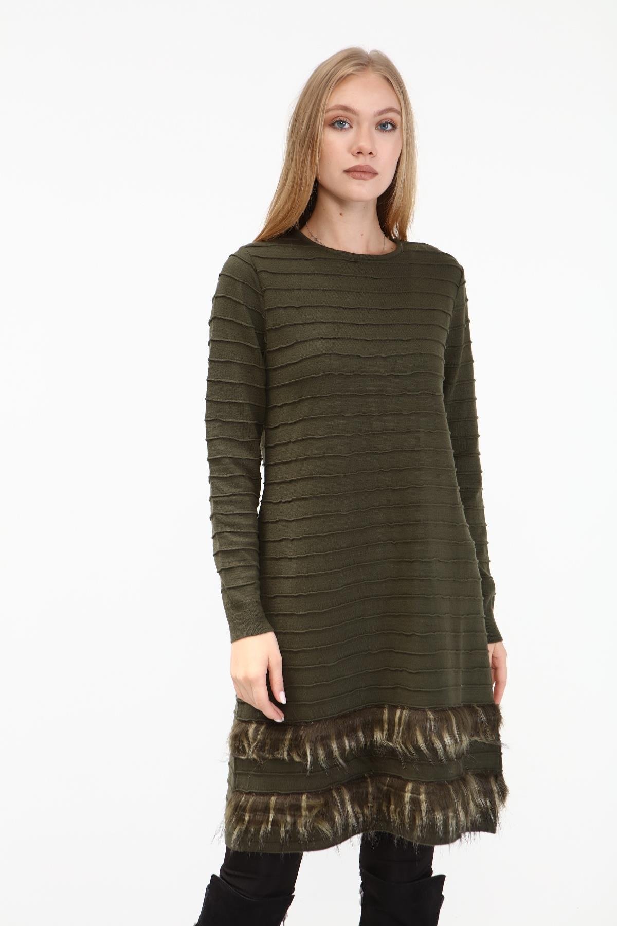 FTZ Women Kadın Kürk Detaylı Tunik  Haki 19-872