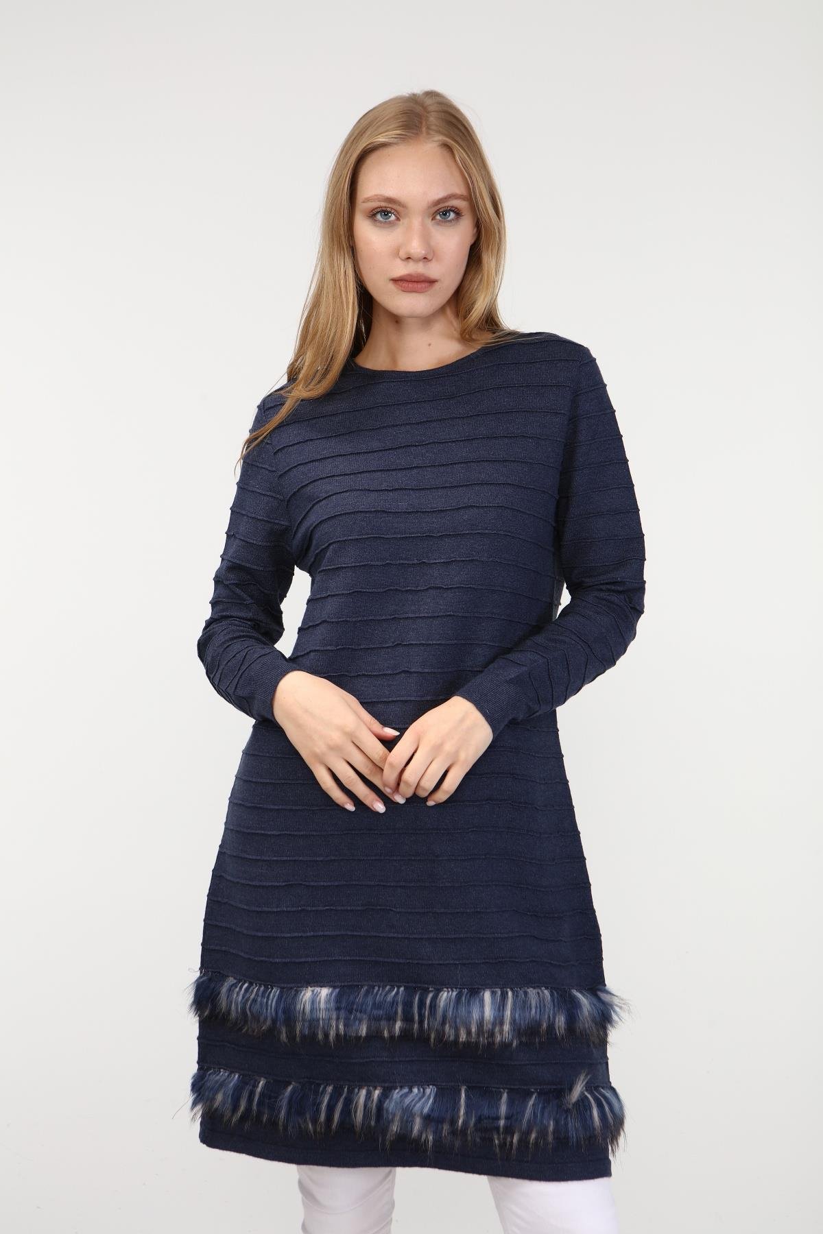 FTZ Women Kadın Kürk Detaylı Tunik  İndigo 19-872