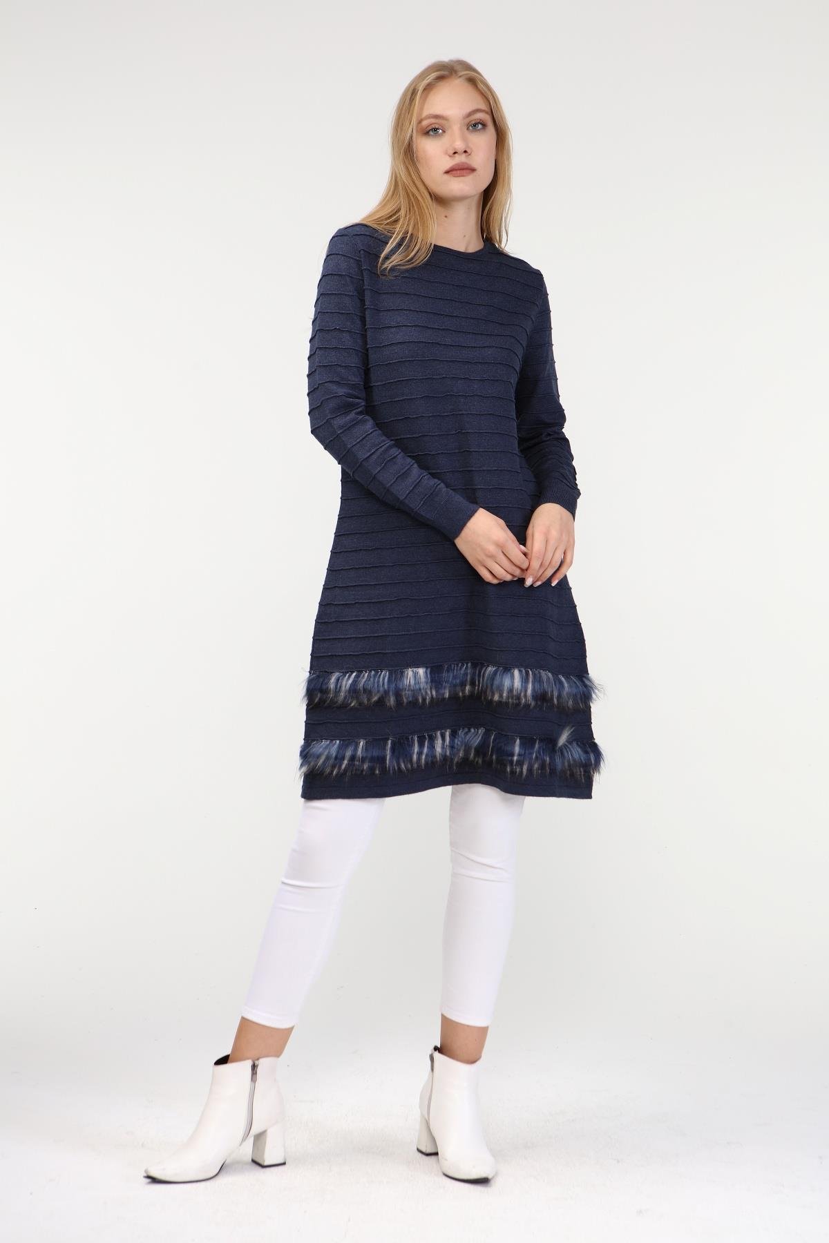 FTZ Women Kadın Kürk Detaylı Tunik  İndigo 19-872