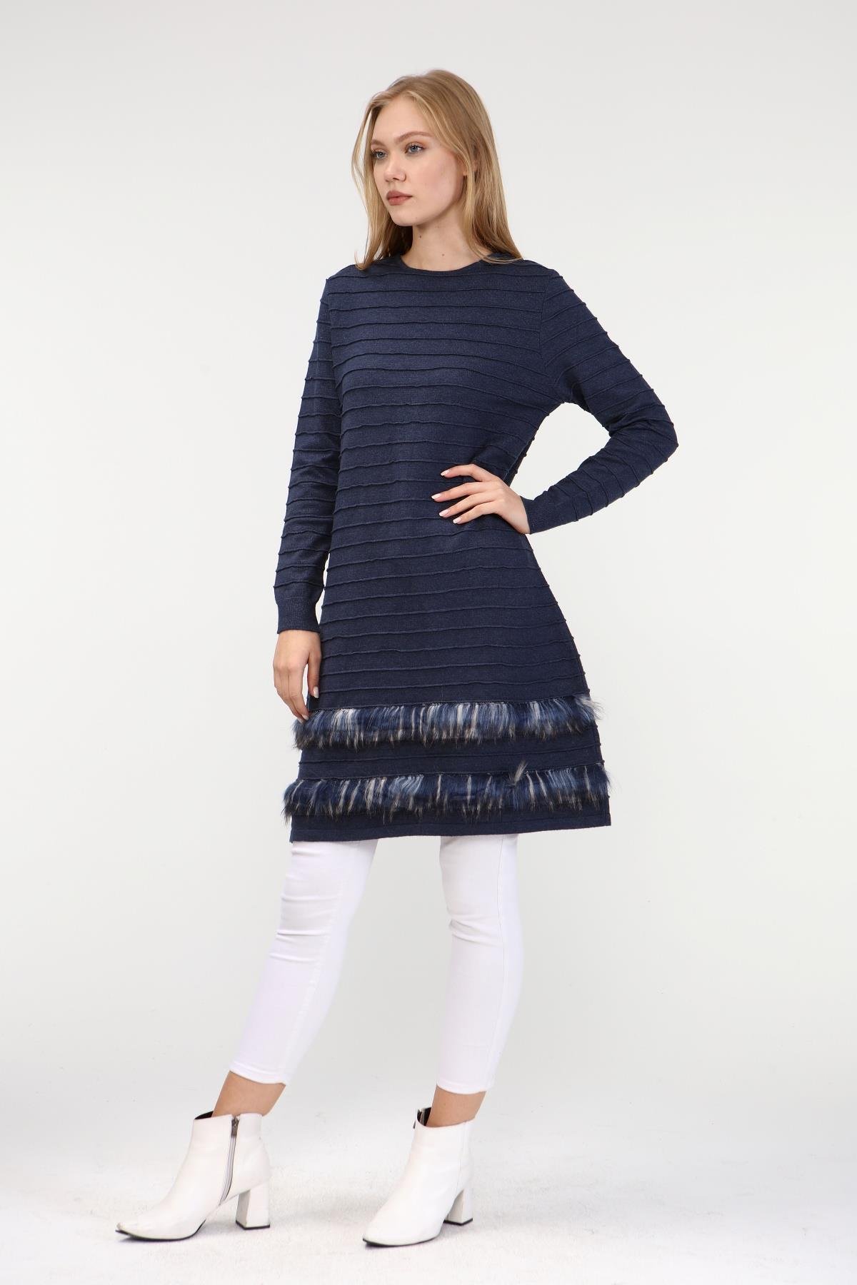 FTZ Women Kadın Kürk Detaylı Tunik  İndigo 19-872