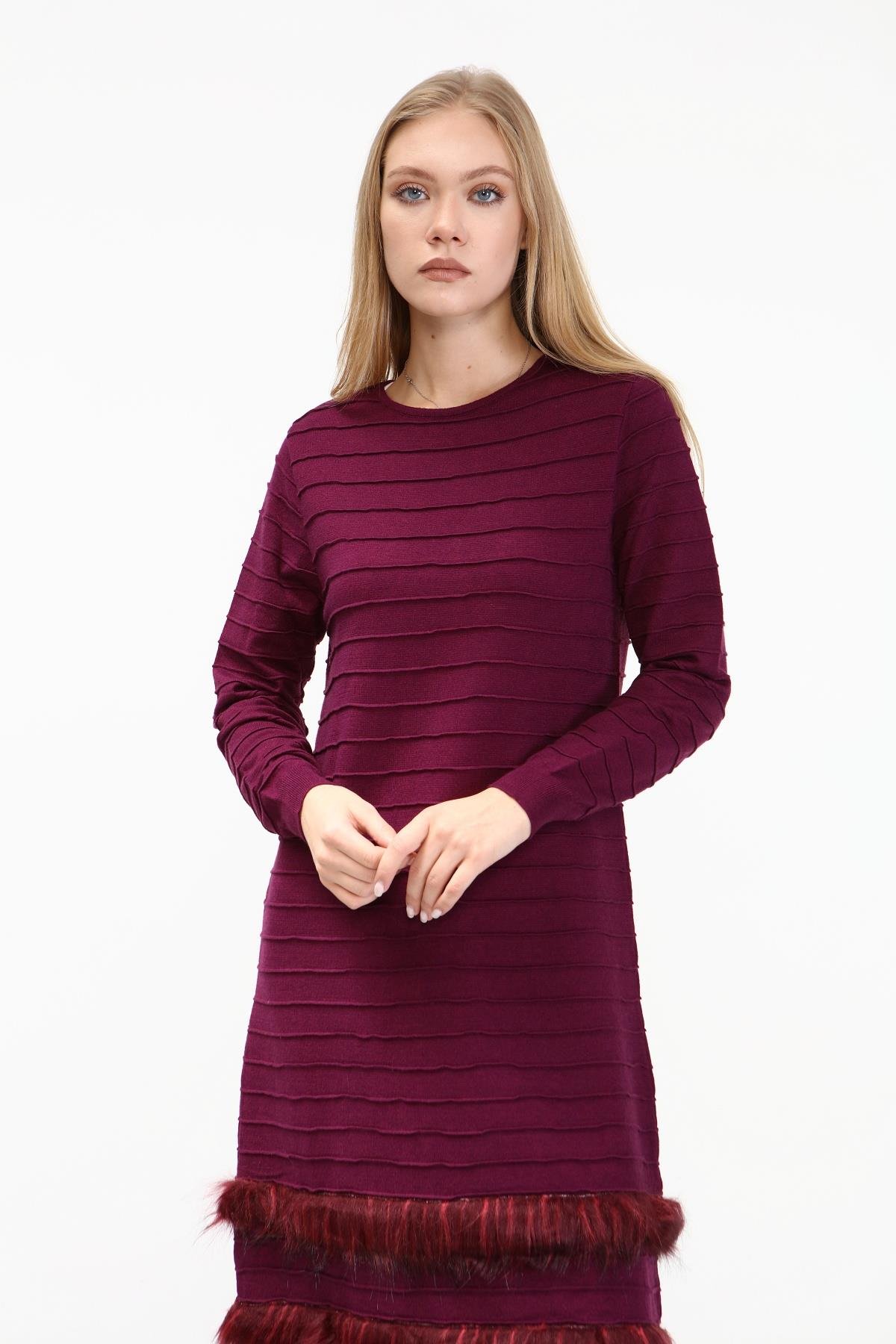 FTZ Women Kadın Kürk Detaylı Tunik  Mürdüm 19-872