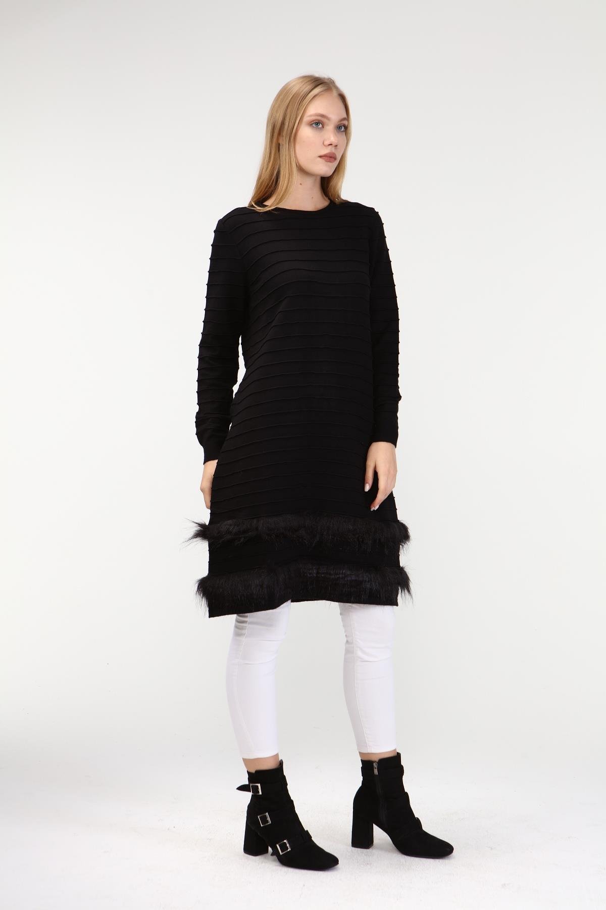FTZ Women Kadın Kürk Detaylı Tunik  Siyah 19-872