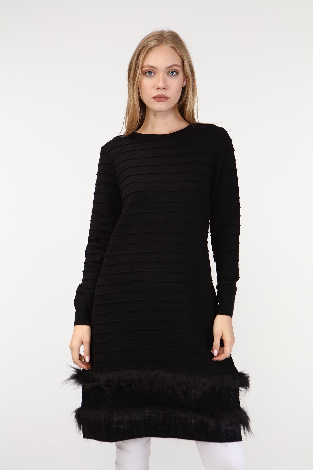 FTZ Women Kadın Kürk Detaylı Tunik  Siyah 19-872