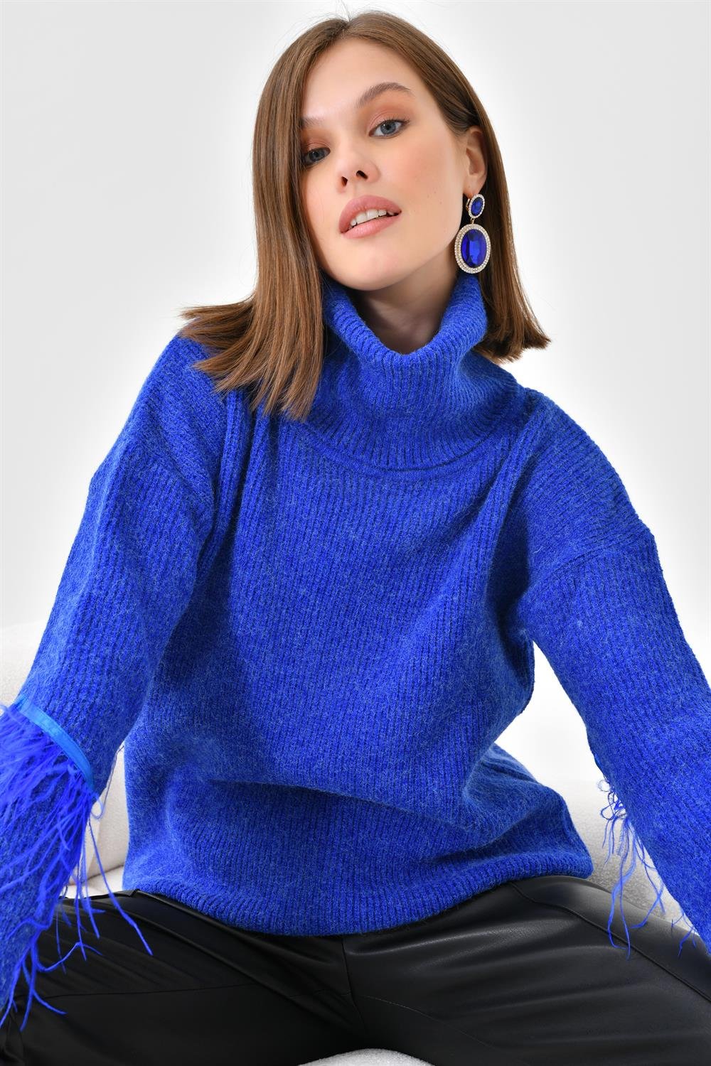 Ftz Women Kadın Kuş Tüyü Detaylı Kazak Saks Mavi