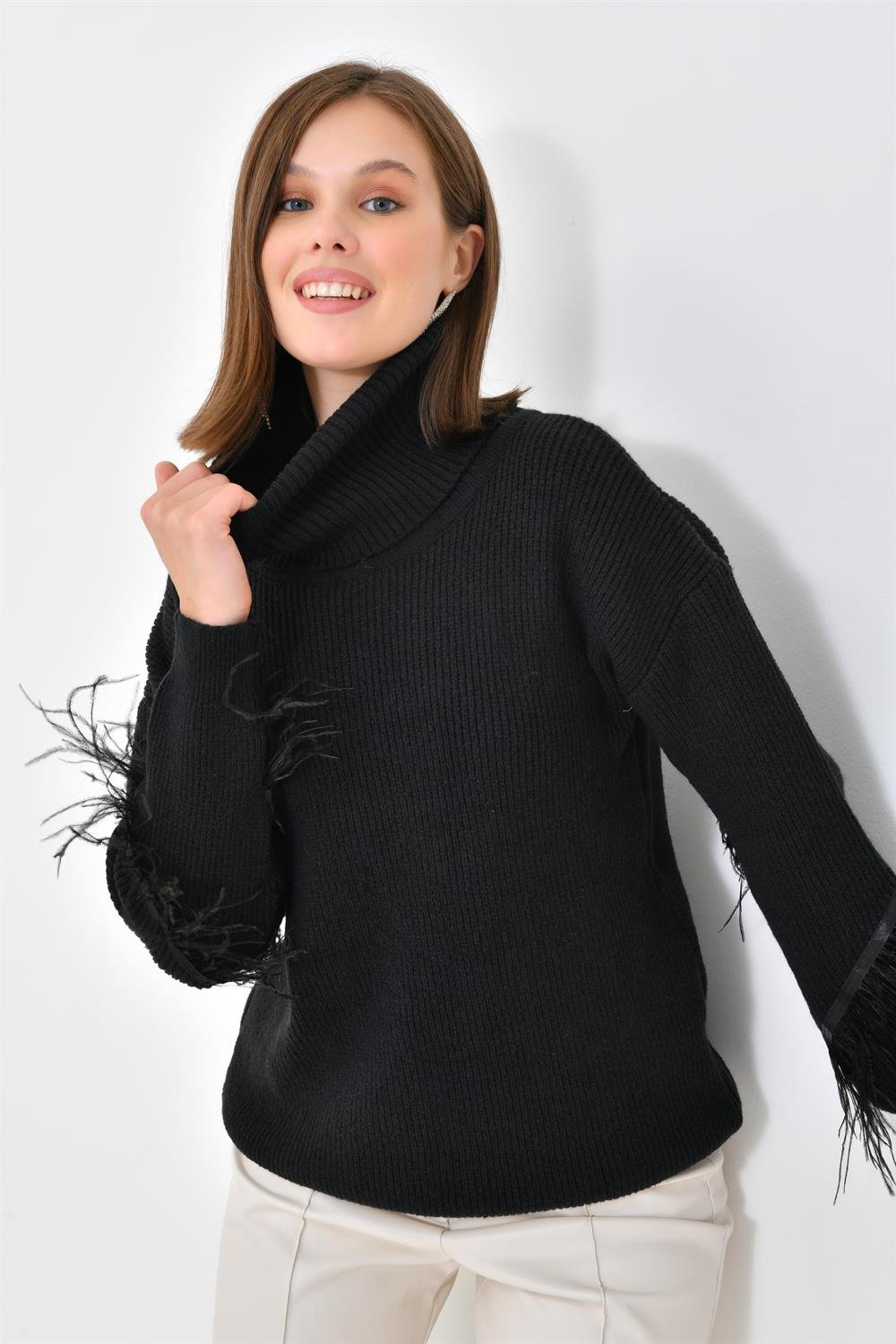 Ftz Women Kadın Kuş Tüyü Detaylı Kazak Siyah