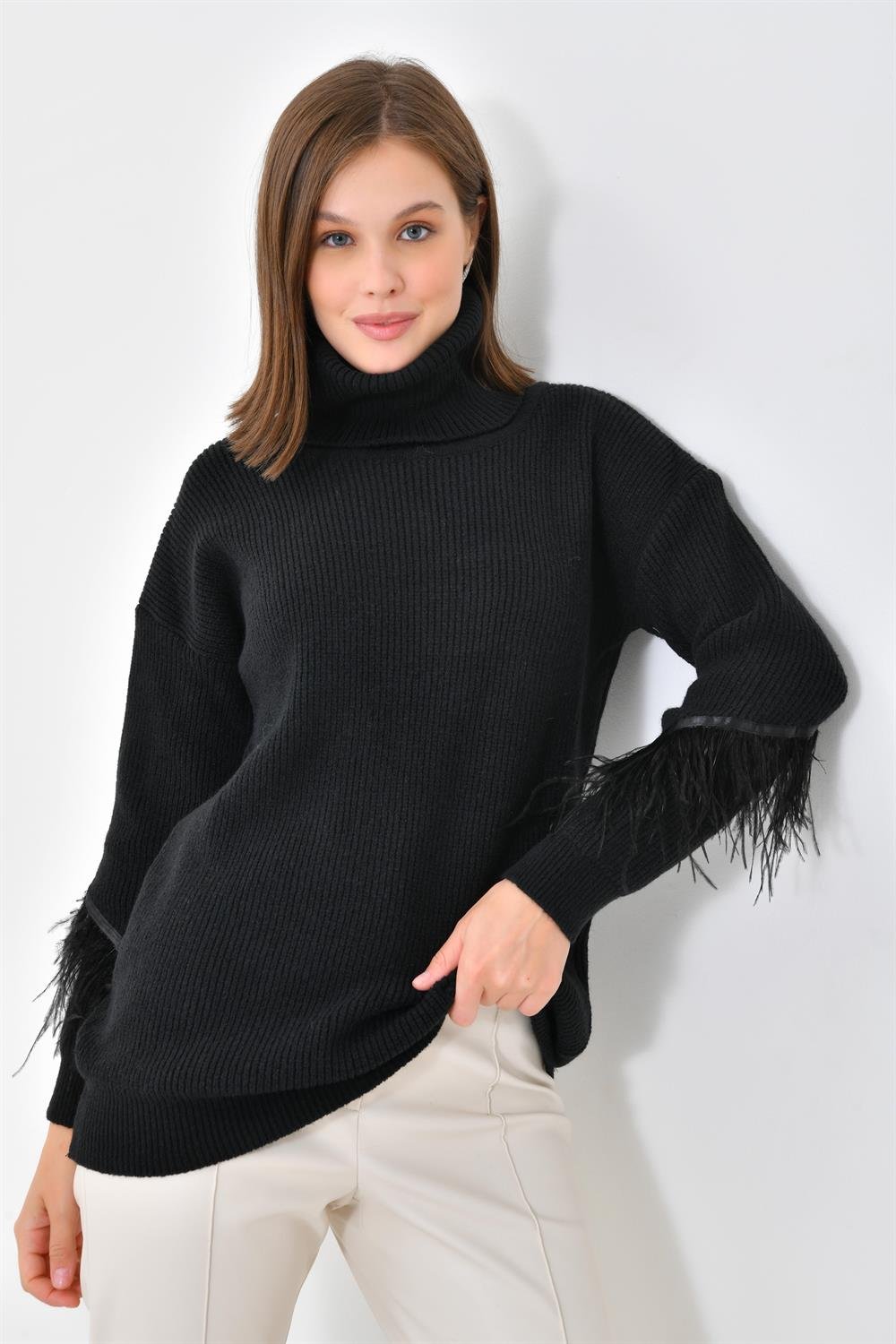 Ftz Women Kadın Kuş Tüyü Detaylı Kazak Siyah