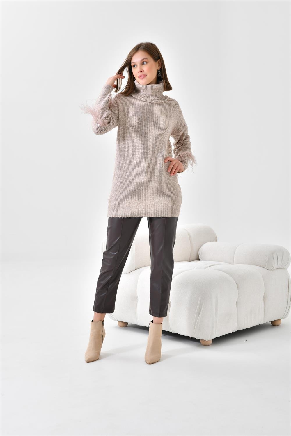 Ftz Women Kadın Kuş Tüyü Detaylı Kazak Taş