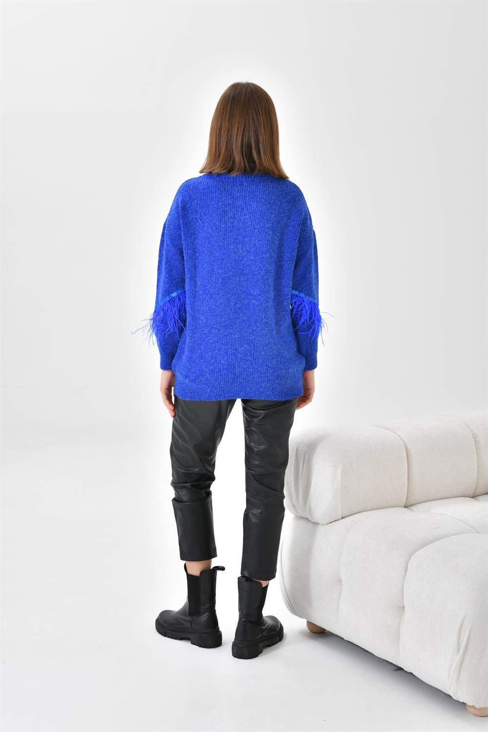 Ftz Women Kadın Kuş Tüyü Detaylı Kazak Saks Mavi