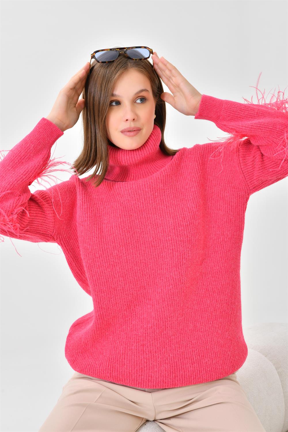 Ftz Women Kadın Kuş Tüyü Detaylı Kazak Fuşya