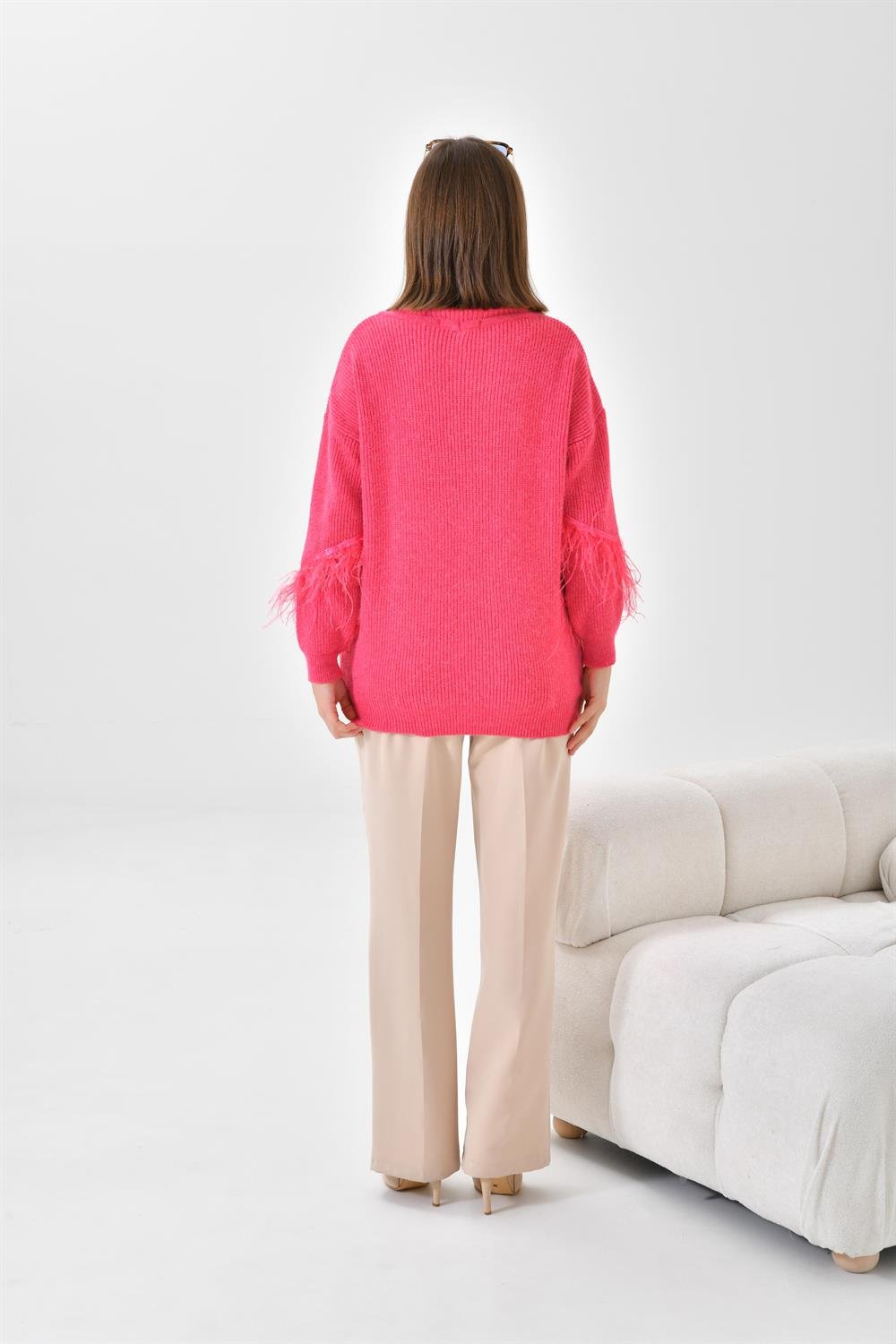 Ftz Women Kadın Kuş Tüyü Detaylı Kazak Fuşya