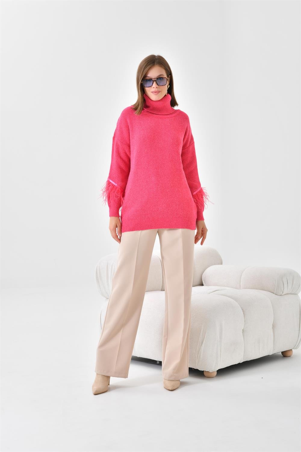 Ftz Women Kadın Kuş Tüyü Detaylı Kazak Fuşya