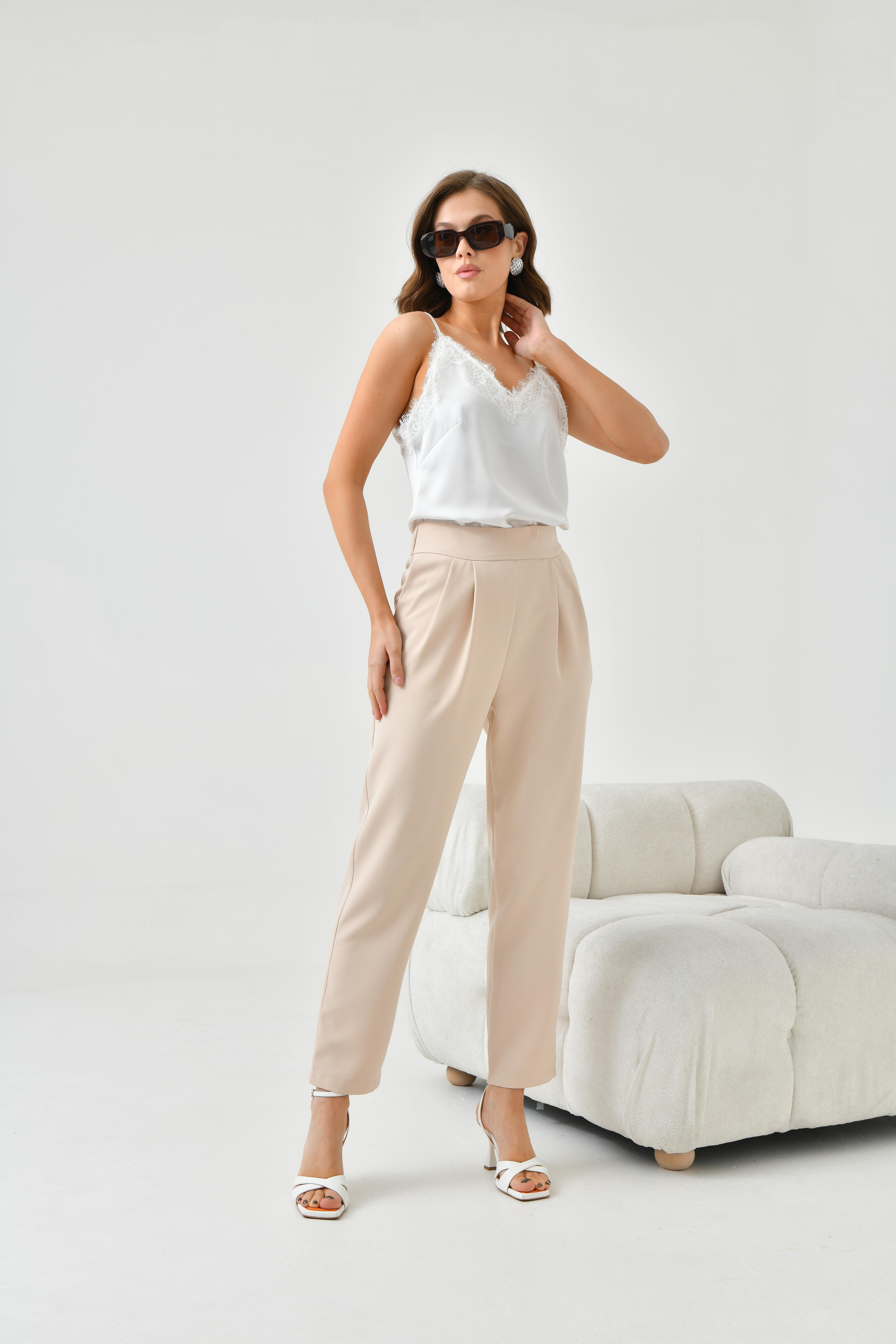 Ftz Women Kadın Lastikli Pleli Dar Paça Pantolon Beige 30744