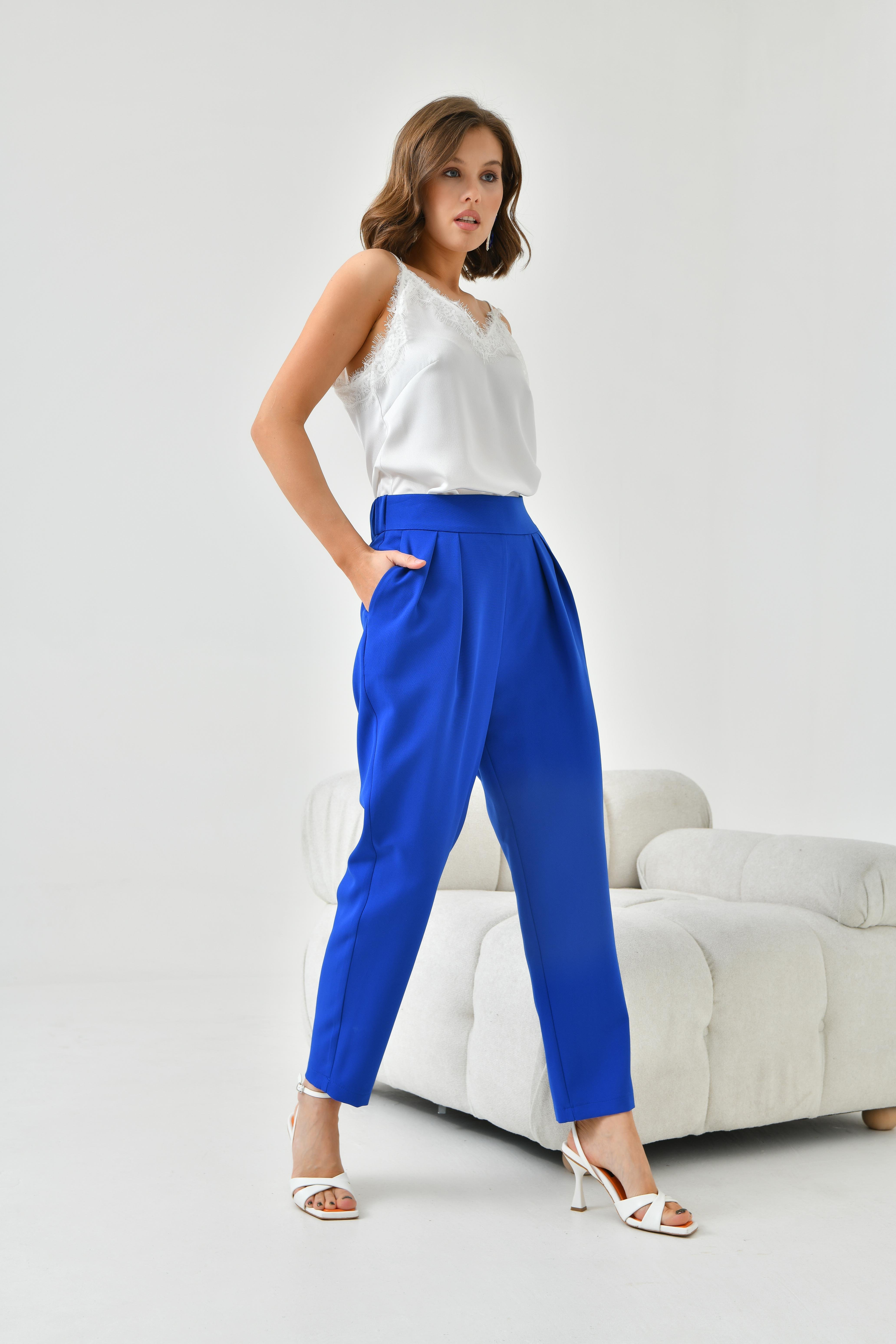 Ftz Women Kadın Lastikli Pleli Dar Paça Pantolon Saks Mavi 30744