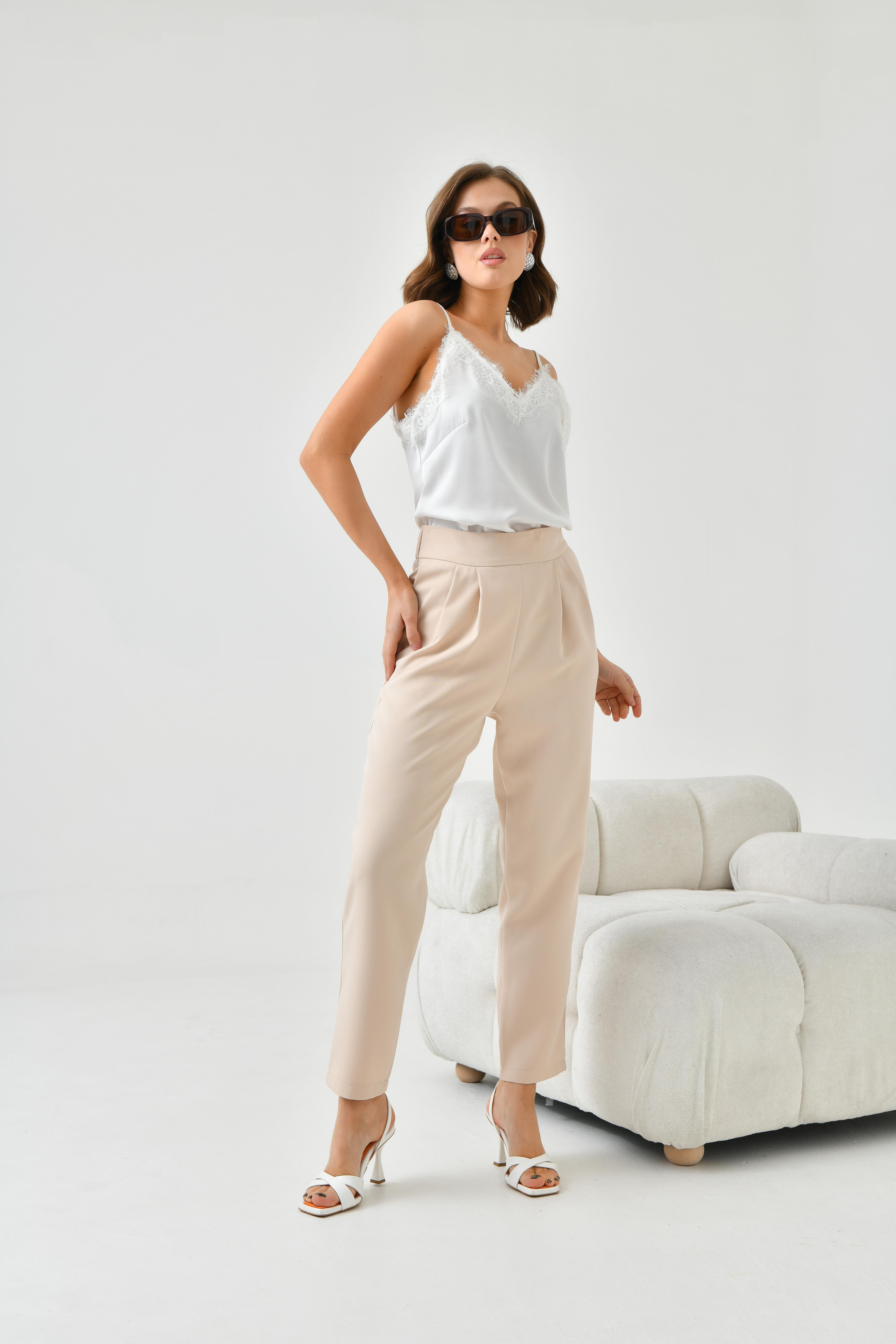 Ftz Women Kadın Lastikli Pleli Dar Paça Pantolon Beige 30744