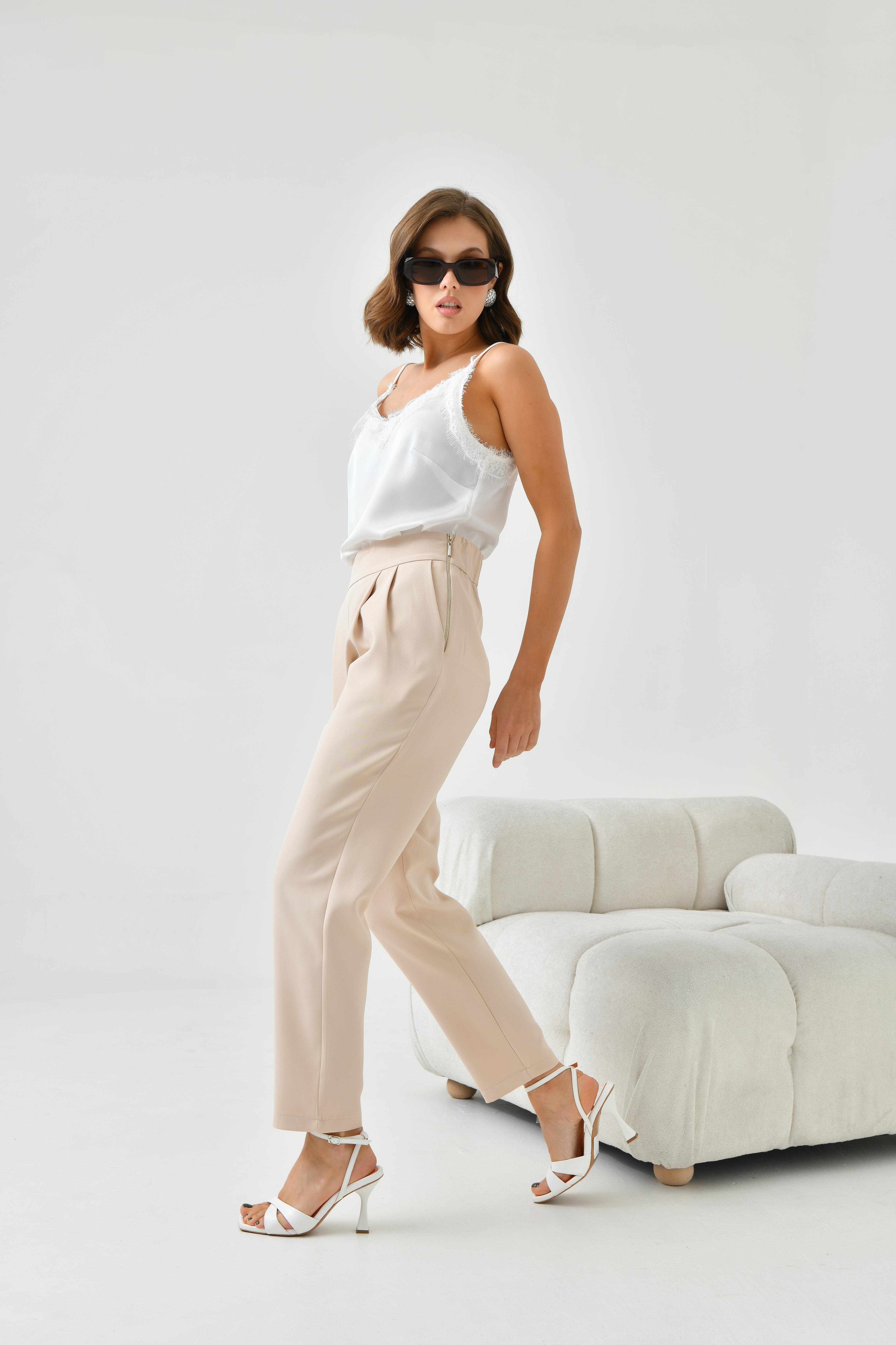 Ftz Women Kadın Lastikli Pleli Dar Paça Pantolon Beige 30744