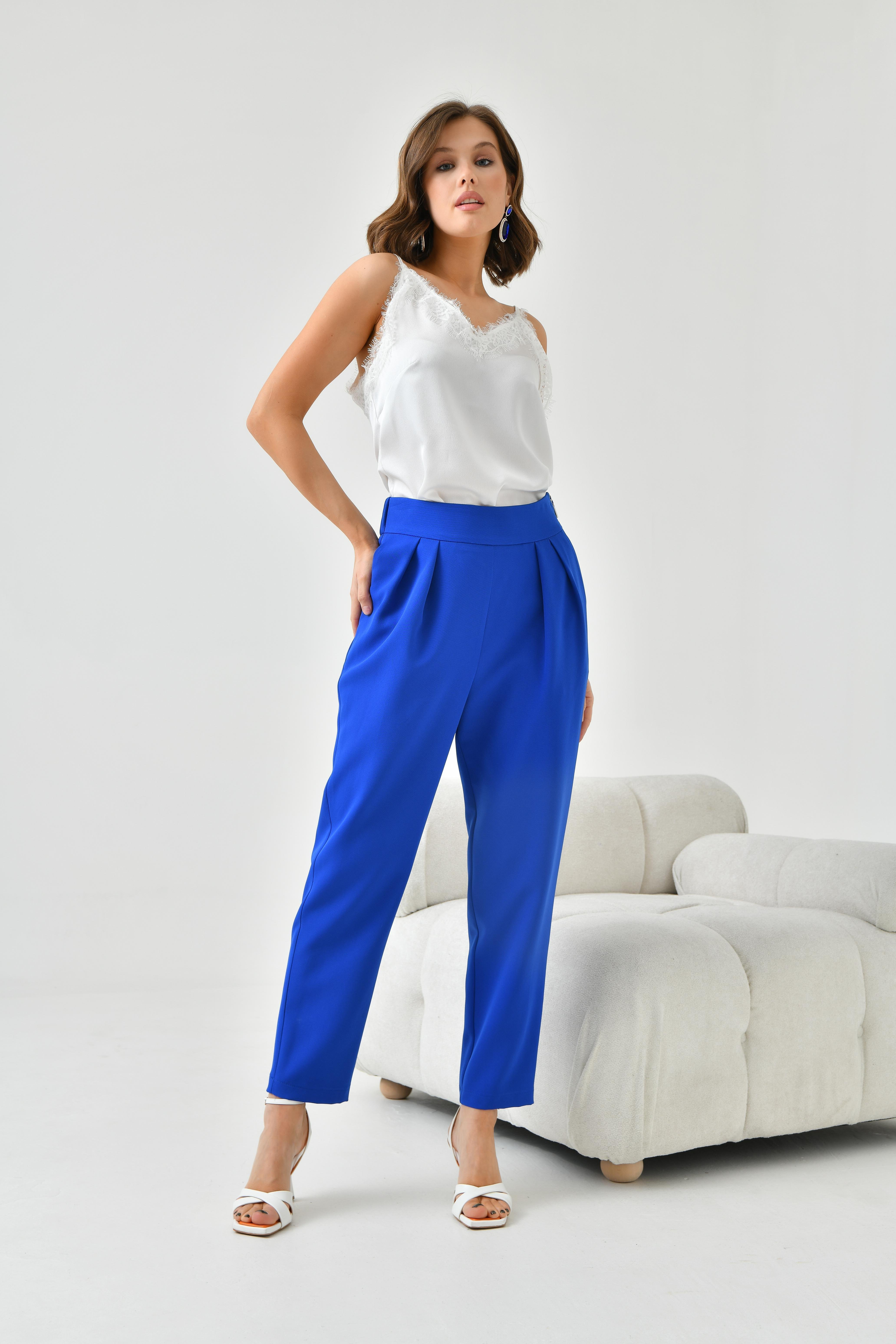 Ftz Women Kadın Lastikli Pleli Dar Paça Pantolon Saks Mavi 30744