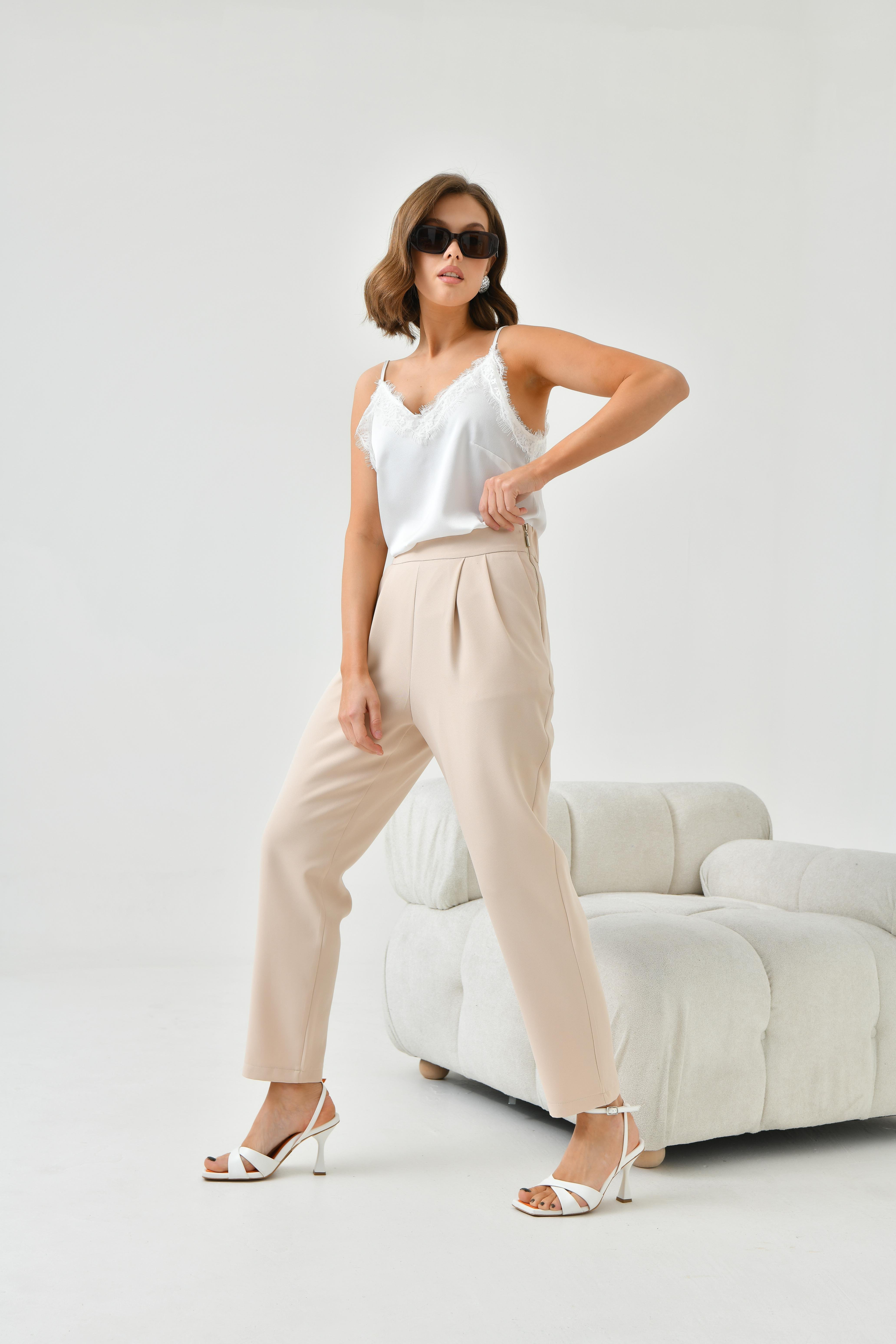 Ftz Women Kadın Lastikli Pleli Dar Paça Pantolon Beige 30744