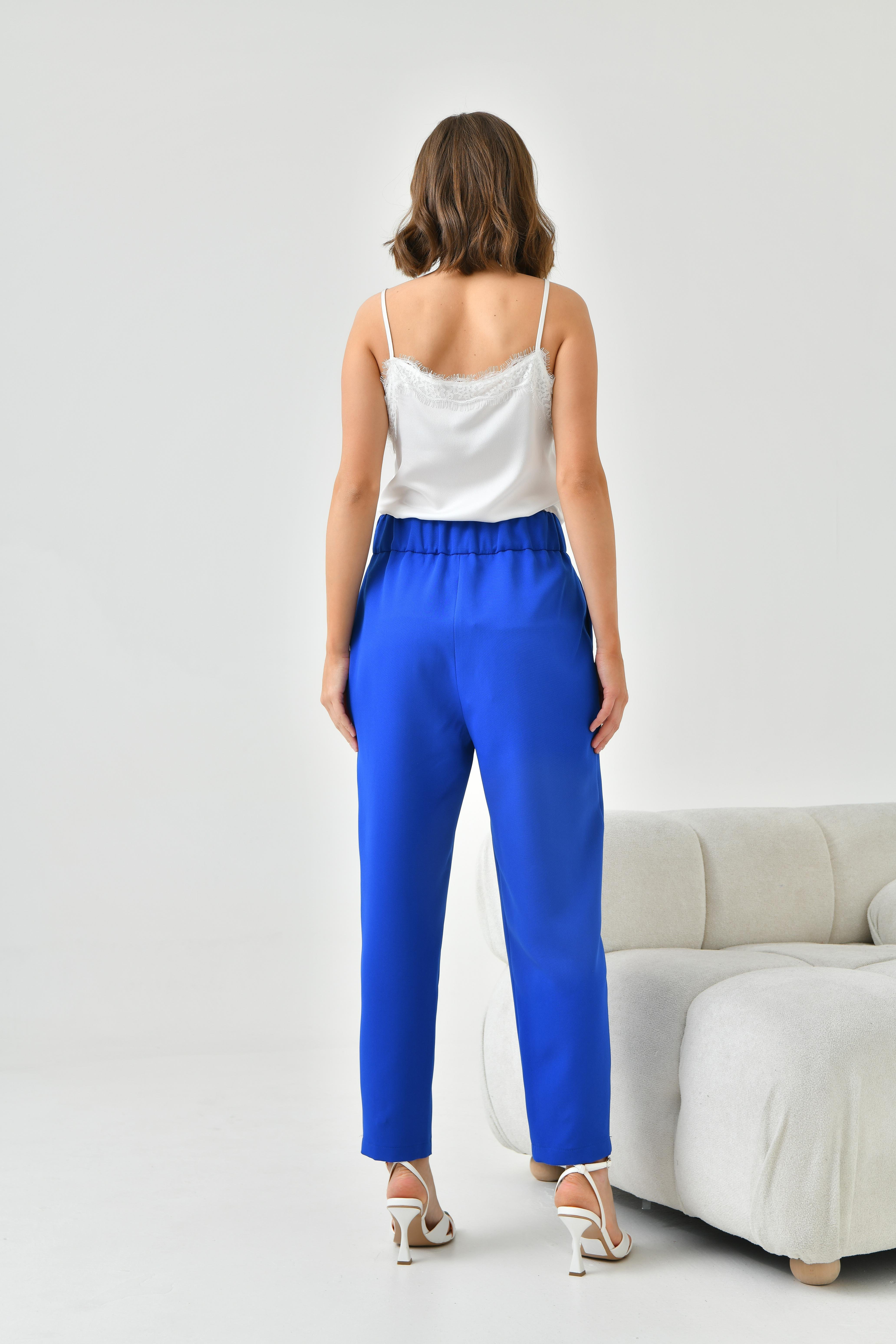 Ftz Women Kadın Lastikli Pleli Dar Paça Pantolon Saks Mavi 30744