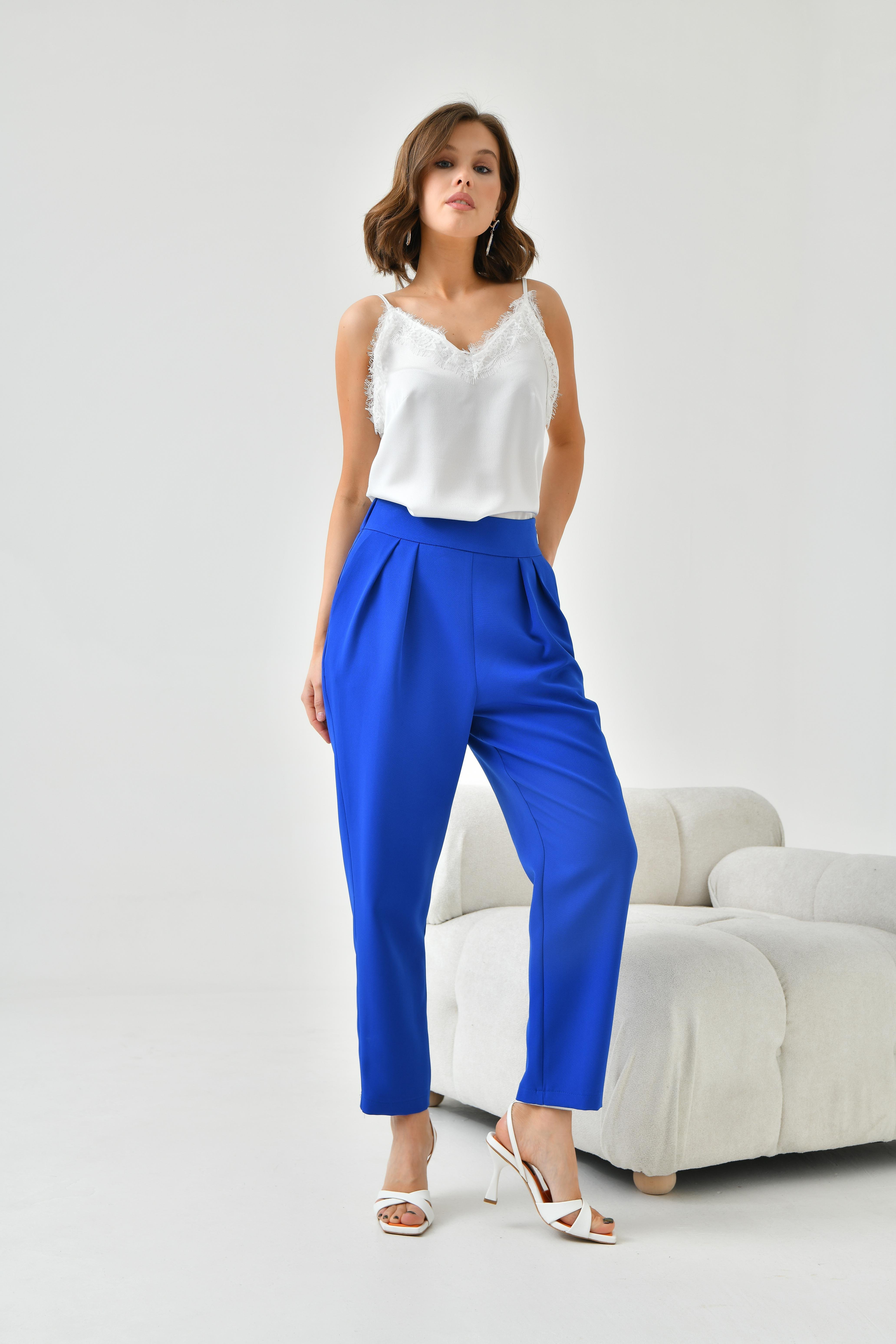 Ftz Women Kadın Lastikli Pleli Dar Paça Pantolon Saks Mavi 30744