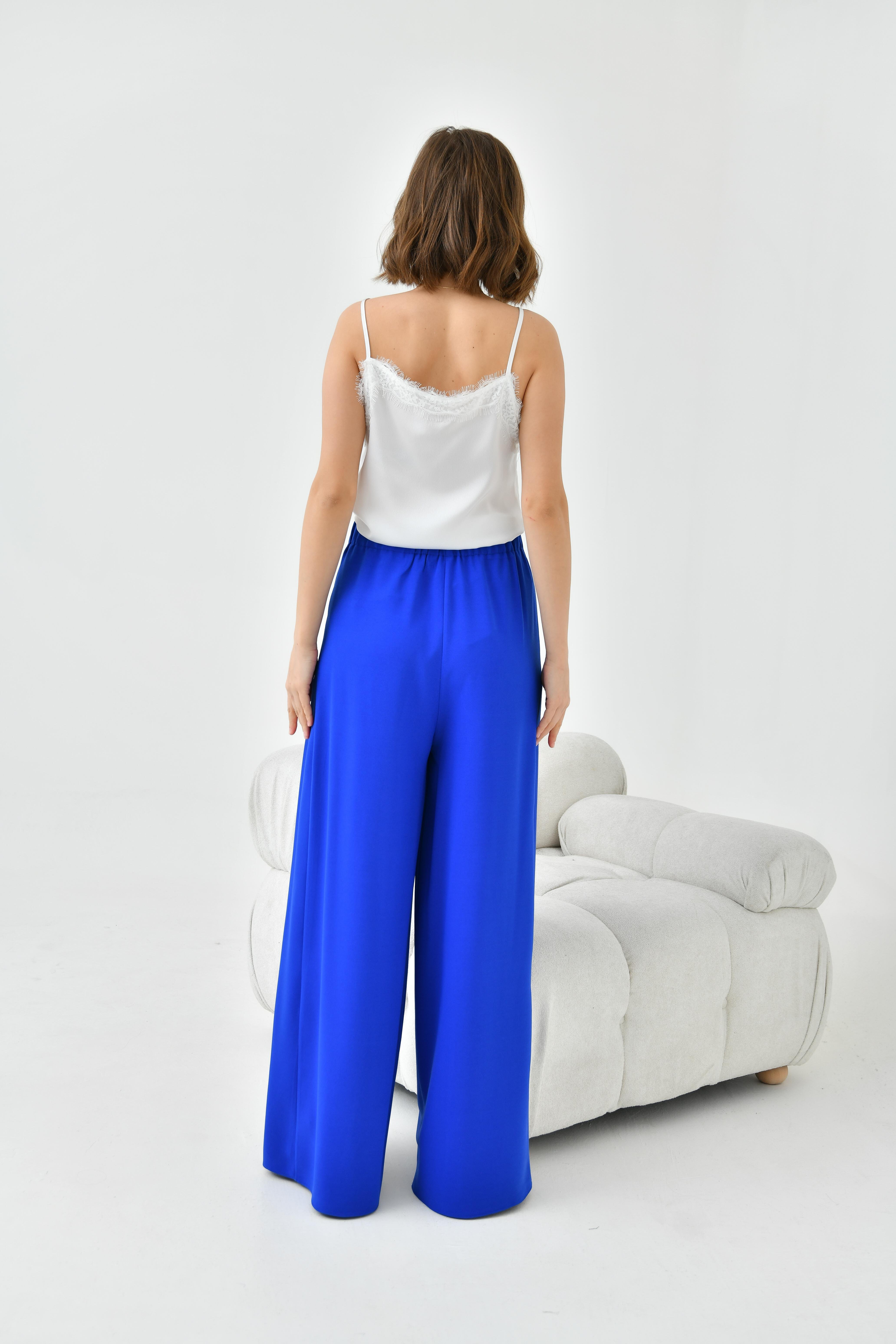 Ftz Women Kadın Lastikli Pleli Pantolon Saks Mavi 30762