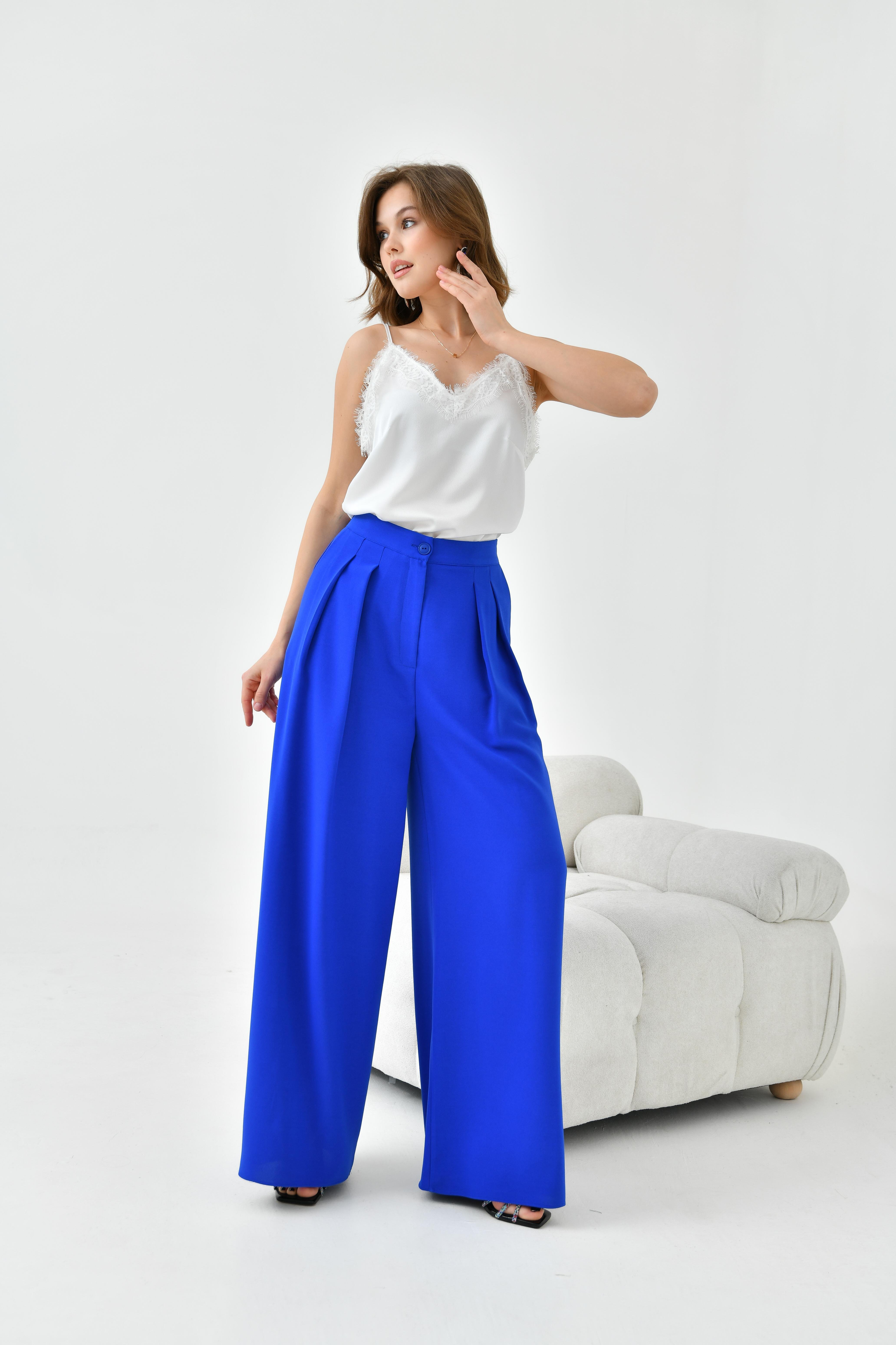 Ftz Women Kadın Lastikli Pleli Pantolon Saks Mavi 30762