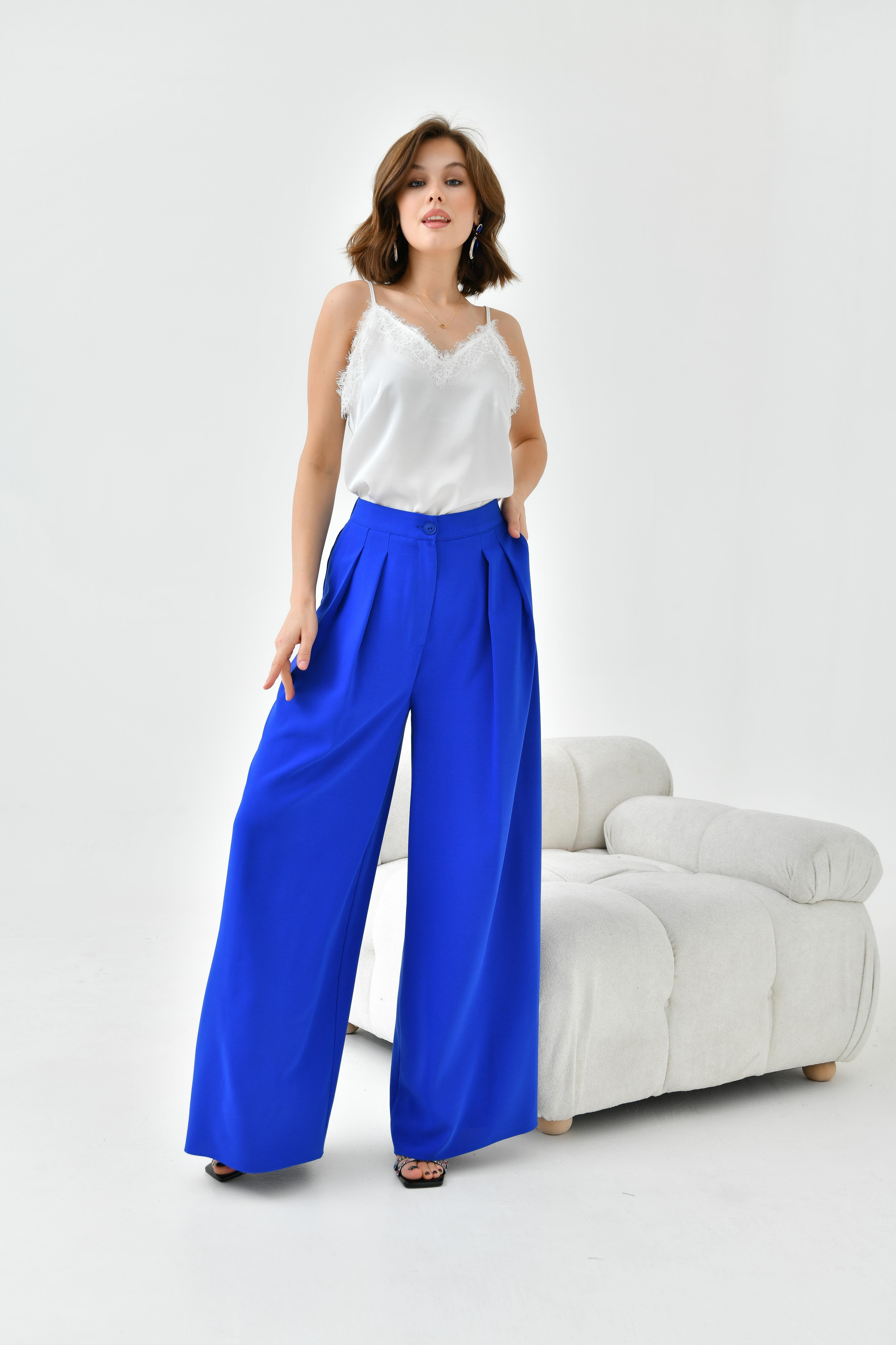 Ftz Women Kadın Lastikli Pleli Pantolon Saks Mavi 30762