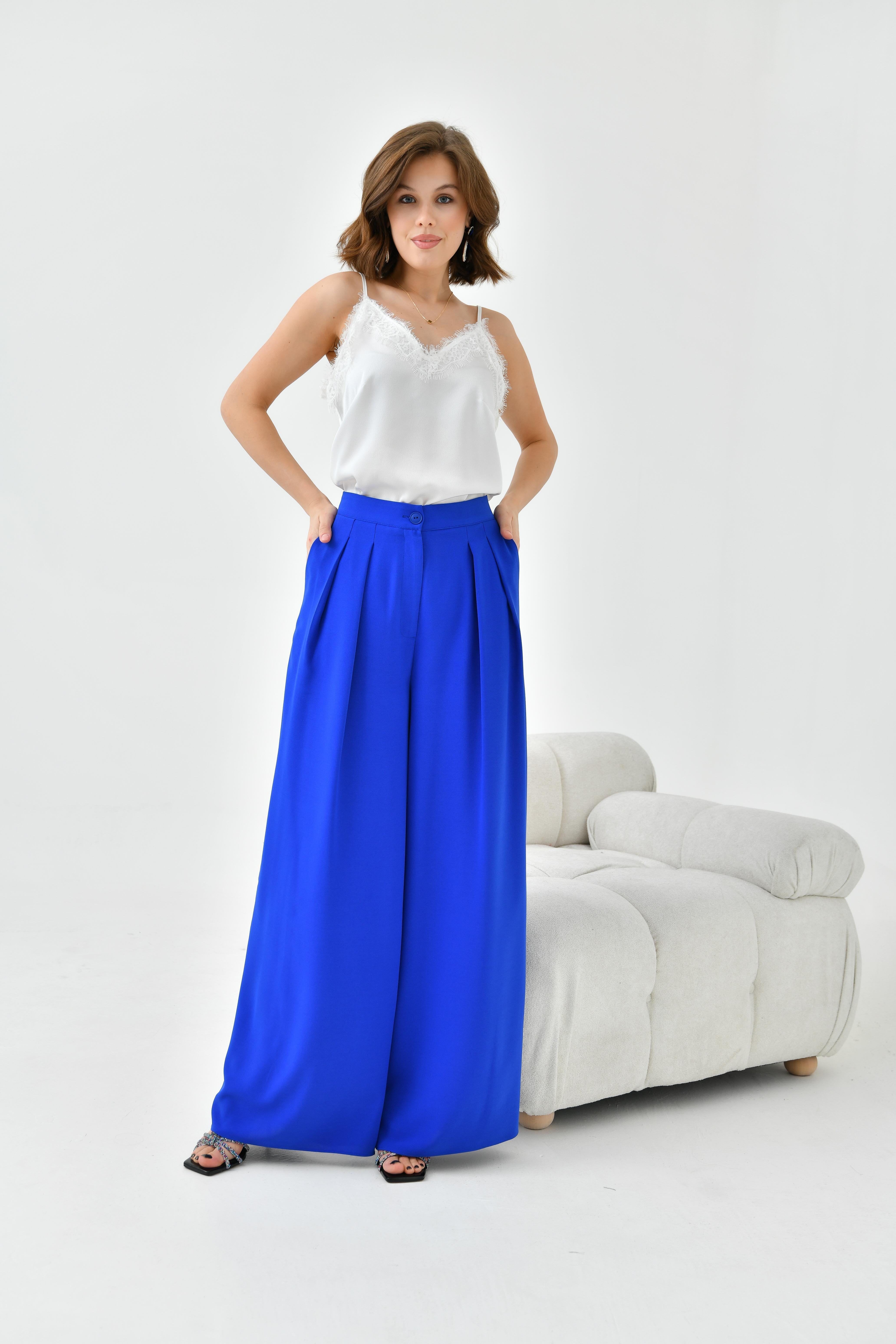 Ftz Women Kadın Lastikli Pleli Pantolon Saks Mavi 30762