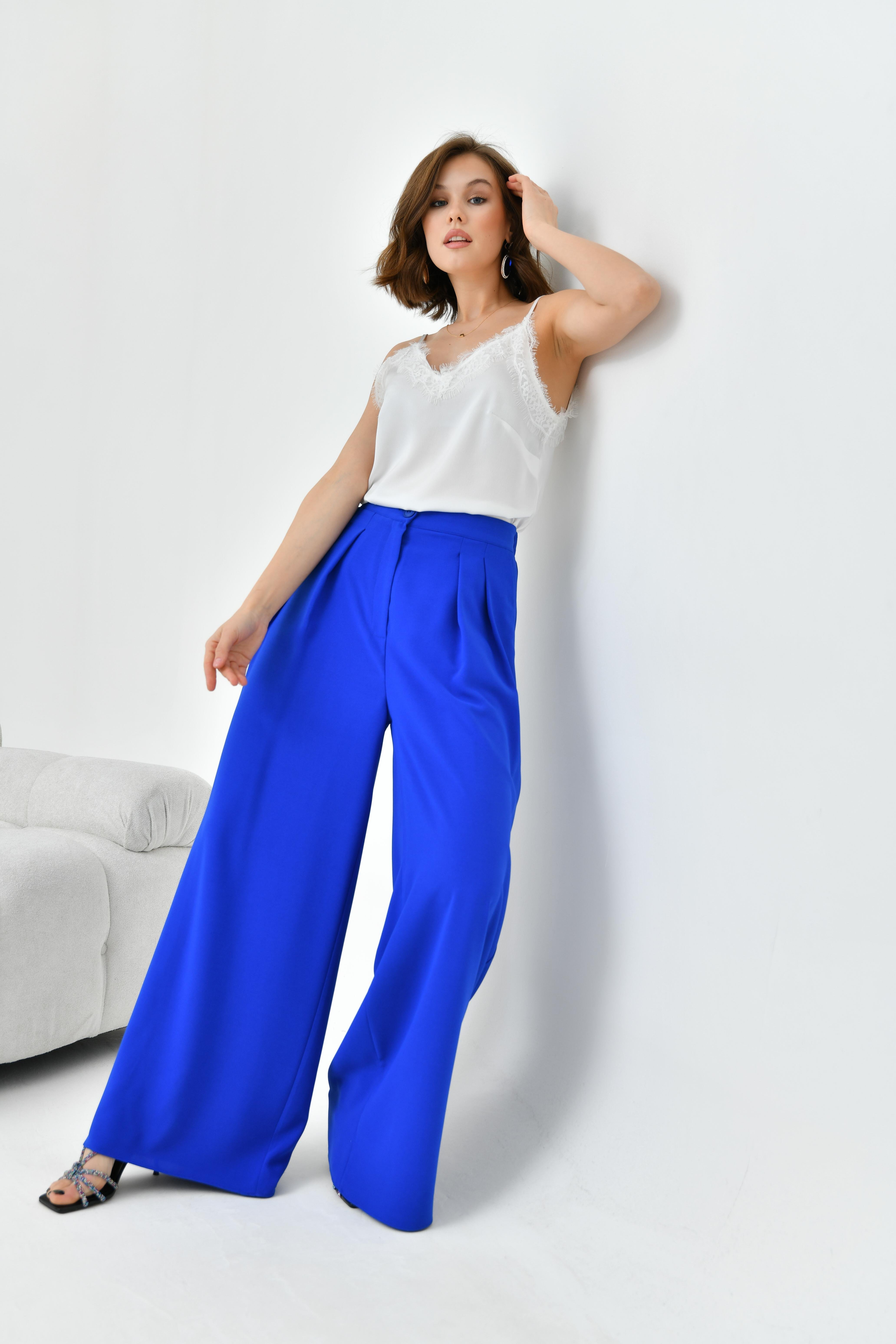 Ftz Women Kadın Lastikli Pleli Pantolon Saks Mavi 30762