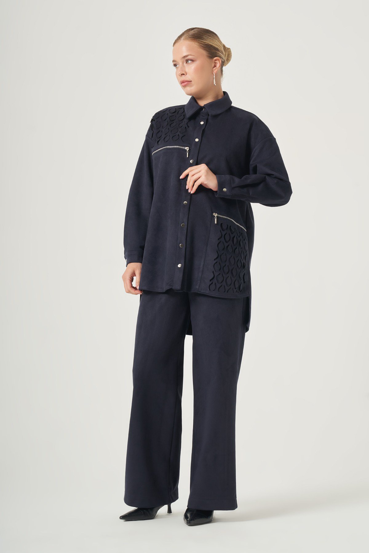 FTZ Women Kadın Lazer Kesim Süet Pantolonlu Takım  Lacivert 31590