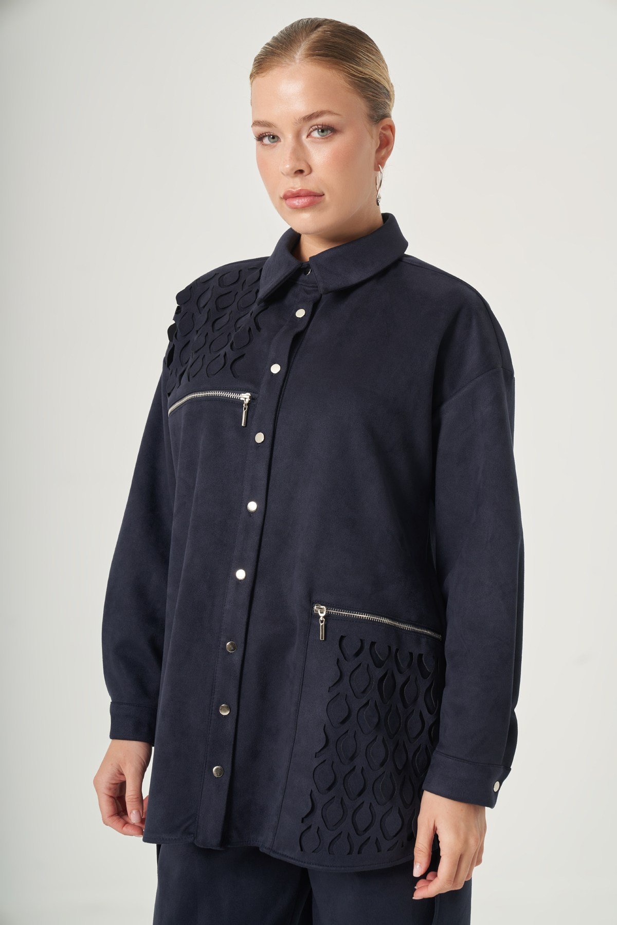 FTZ Women Kadın Lazer Kesim Süet Pantolonlu Takım  Lacivert 31590