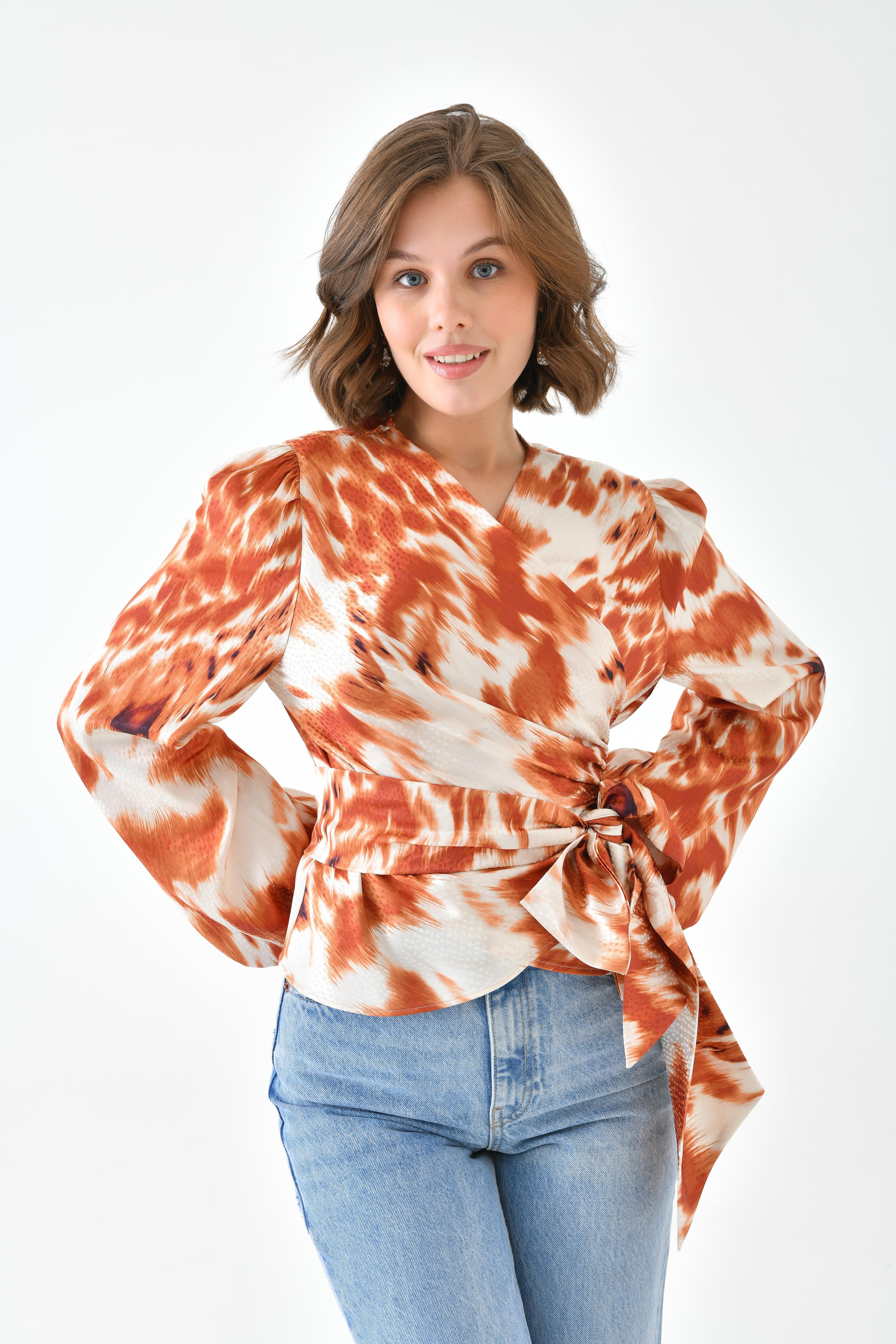 Ftz Women Kadın Leopar Desenli Bluz Orange 30734