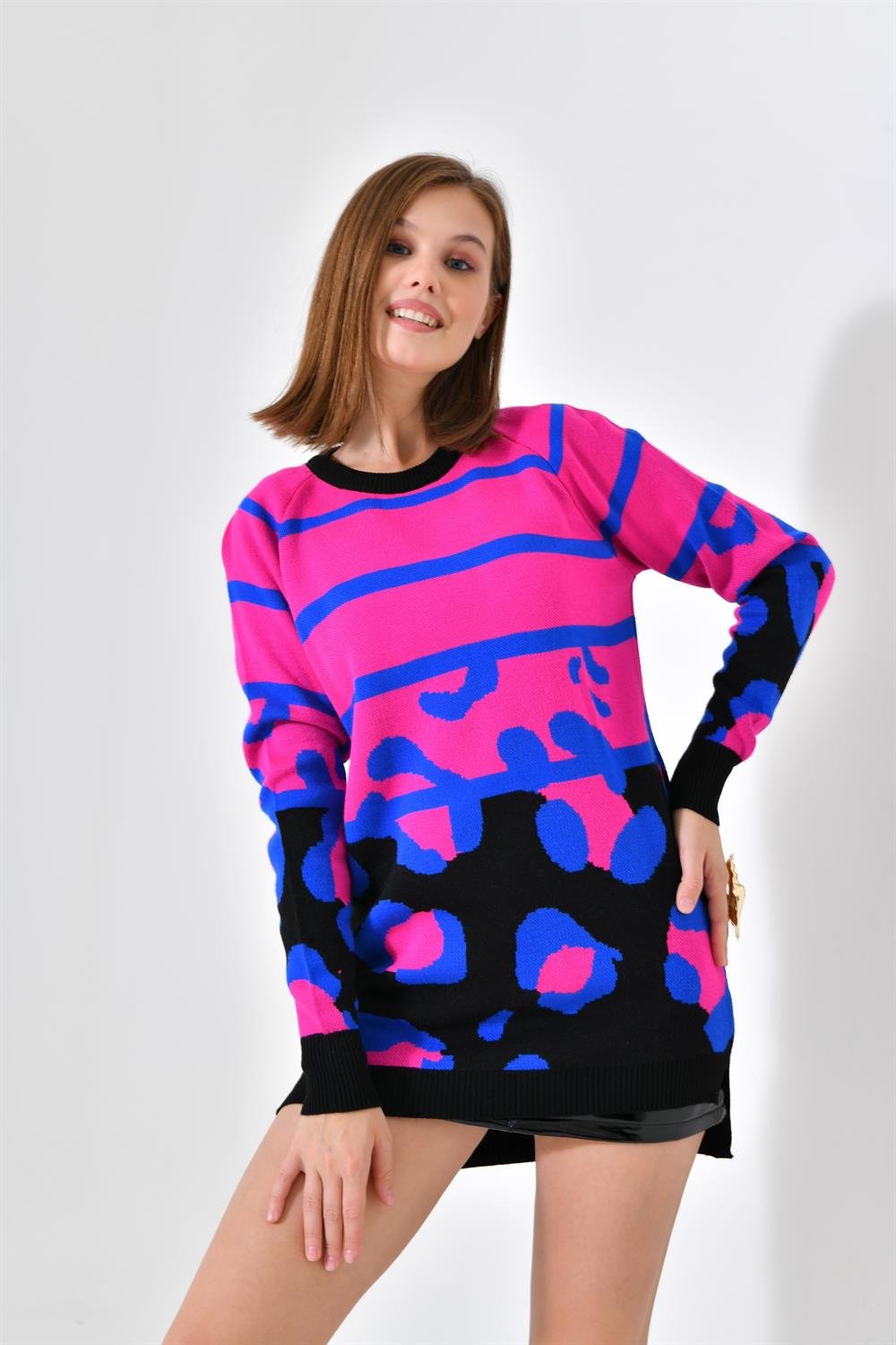 Ftz Women Kadın Leopar Desenli Kazak Siyah 20104