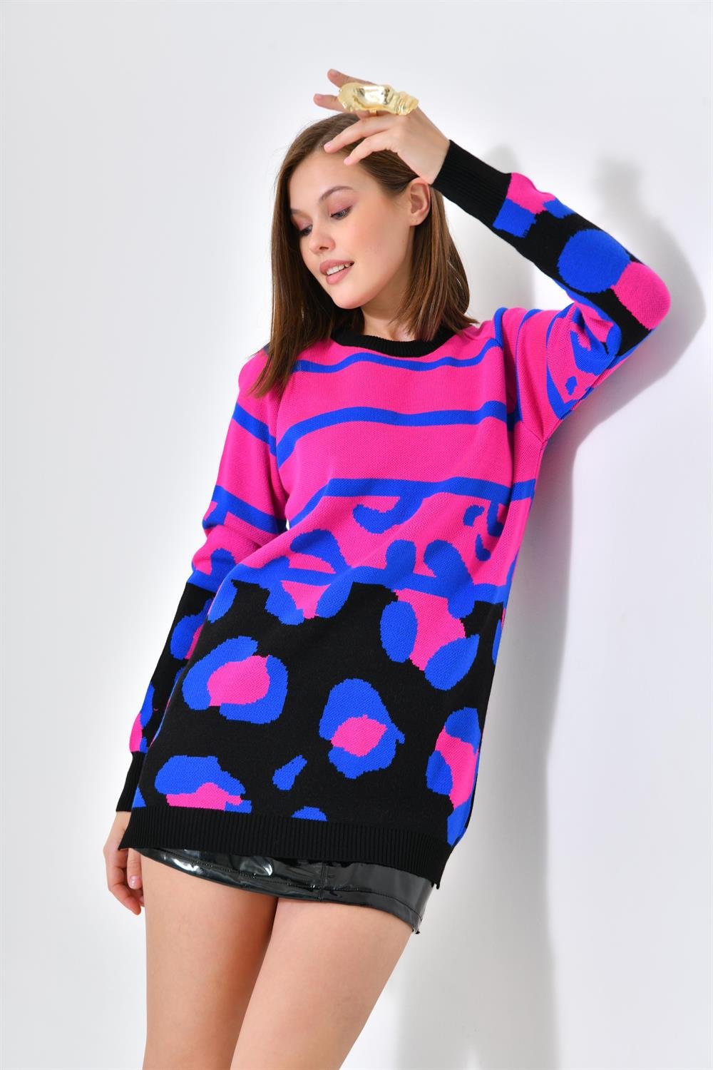 Ftz Women Kadın Leopar Desenli Kazak Siyah 20104