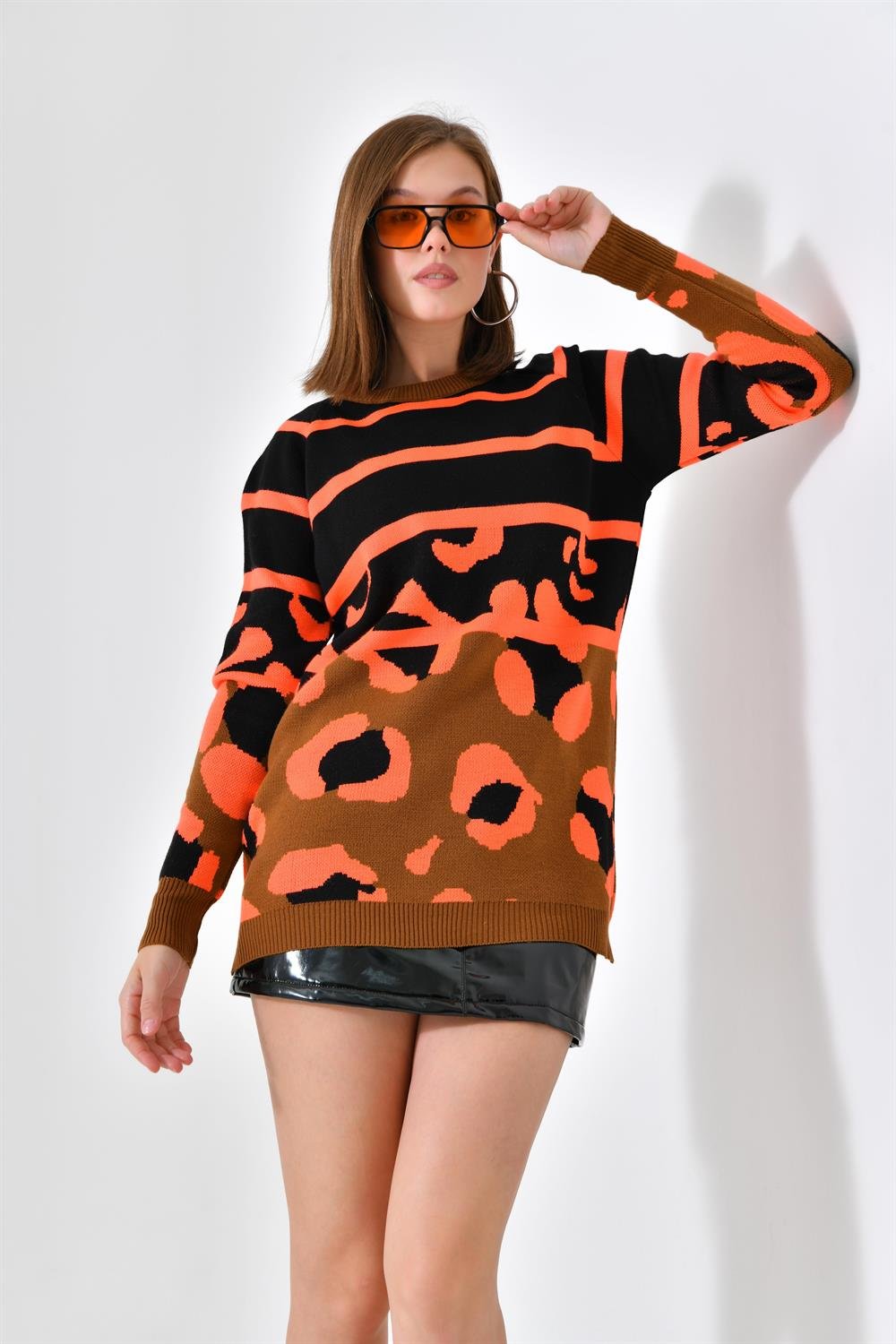 Ftz Women Kadın Leopar Desenli Kazak Taba 20104