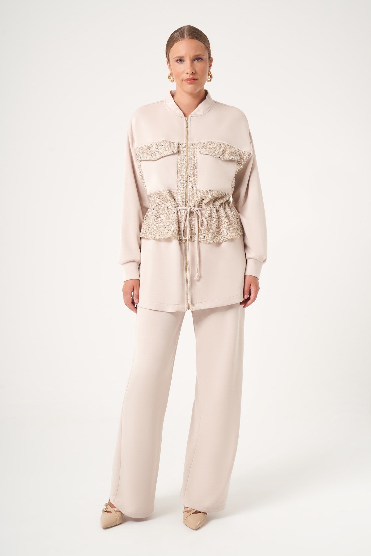 FTZ Women Kadın Modal Payet Detaylı İkili Takım  Beige 31517