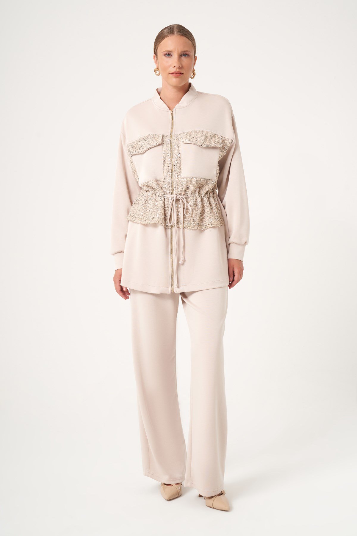 FTZ Women Kadın Modal Payet Detaylı İkili Takım  Beige 31517