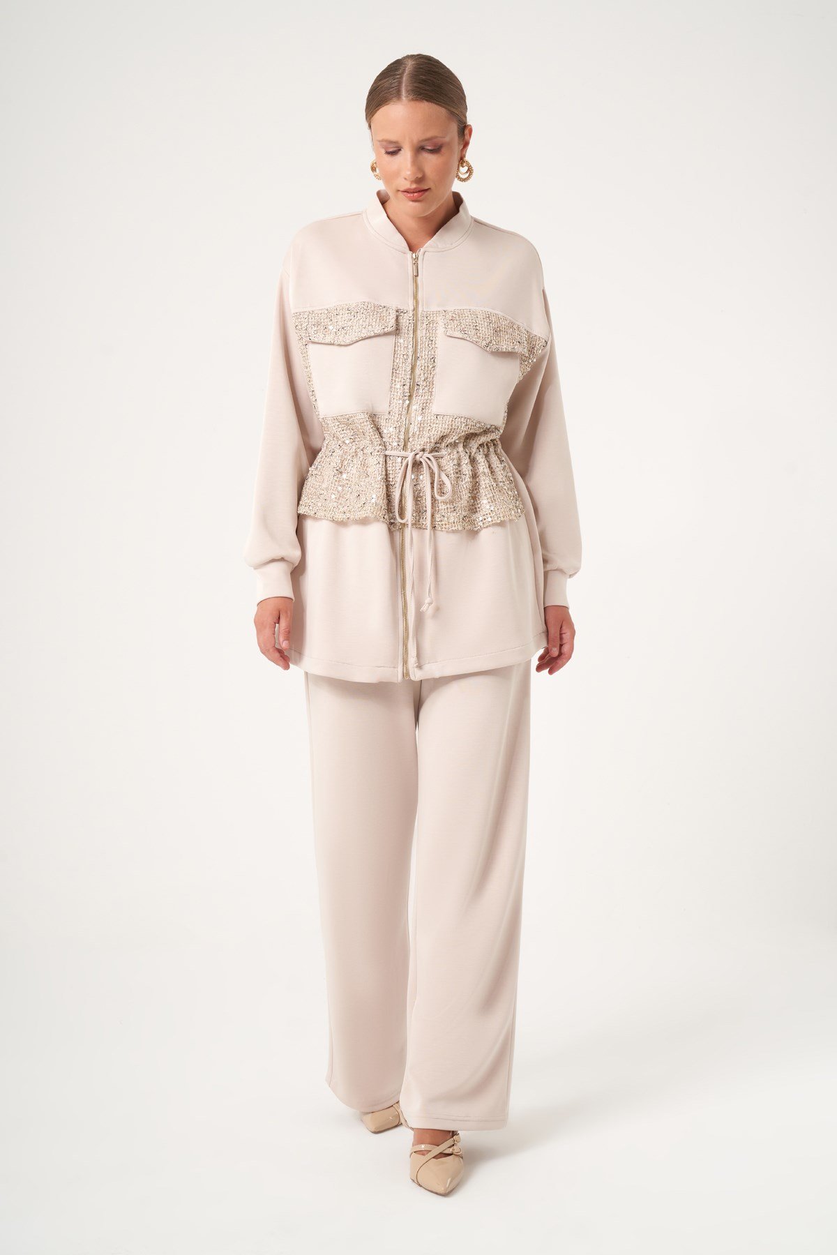 FTZ Women Kadın Modal Payet Detaylı İkili Takım  Beige 31517